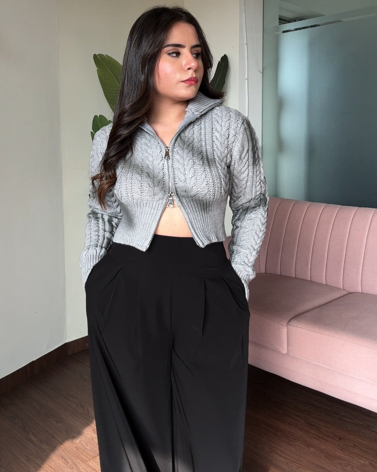 Dual Zipper Chucky Textured Knitted Cropped Jacket