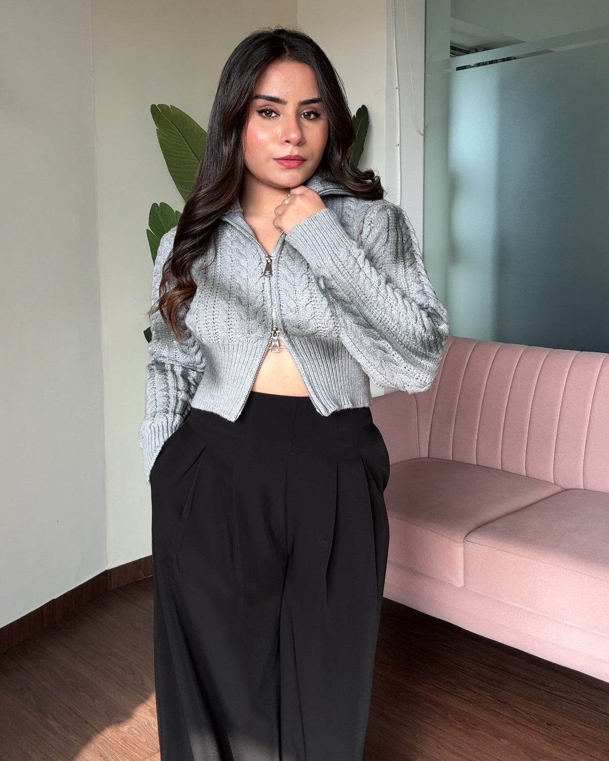 Dual Zipper Chucky Textured Knitted Cropped Jacket