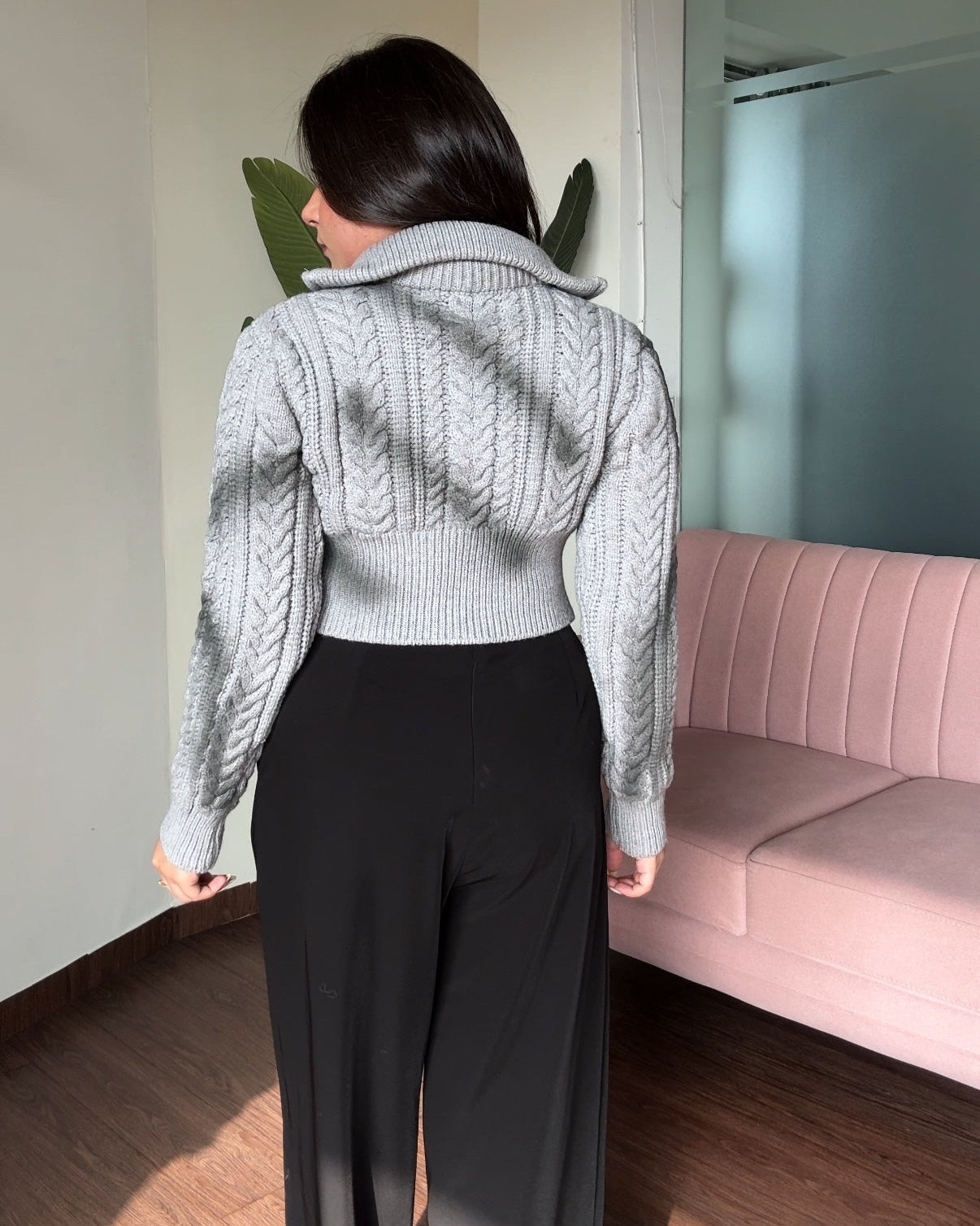 Dual Zipper Chucky Textured Knitted Cropped Jacket