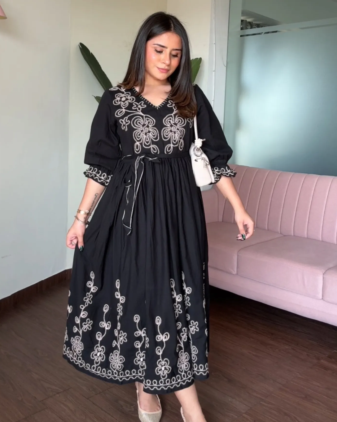 Embroidered Black V Neck Midi Dress With Belt