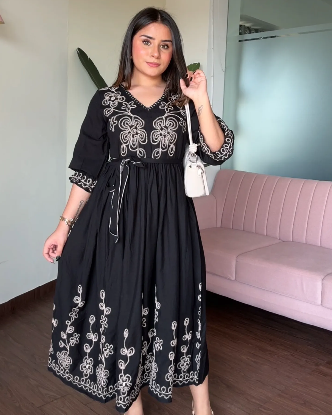 Embroidered Black V Neck Midi Dress With Belt