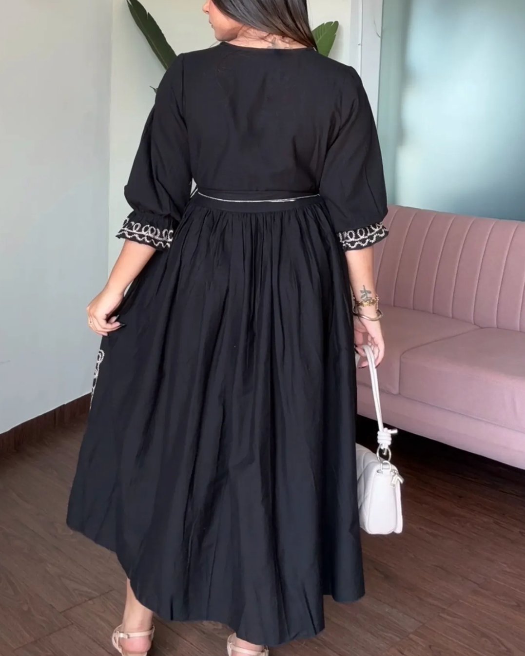 Embroidered Black V Neck Midi Dress With Belt