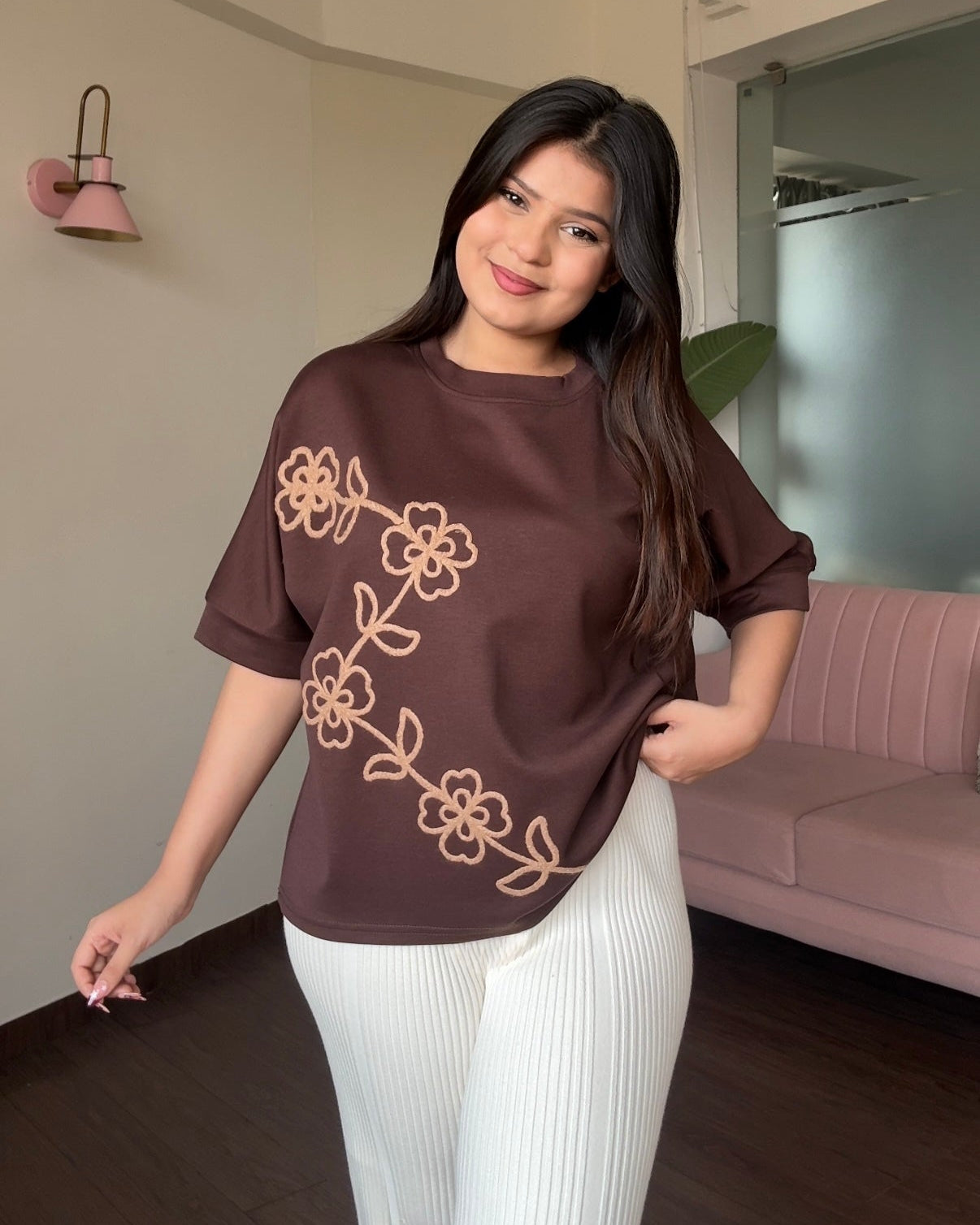 Embroidered Line Floral Detailing Relaxed Tee