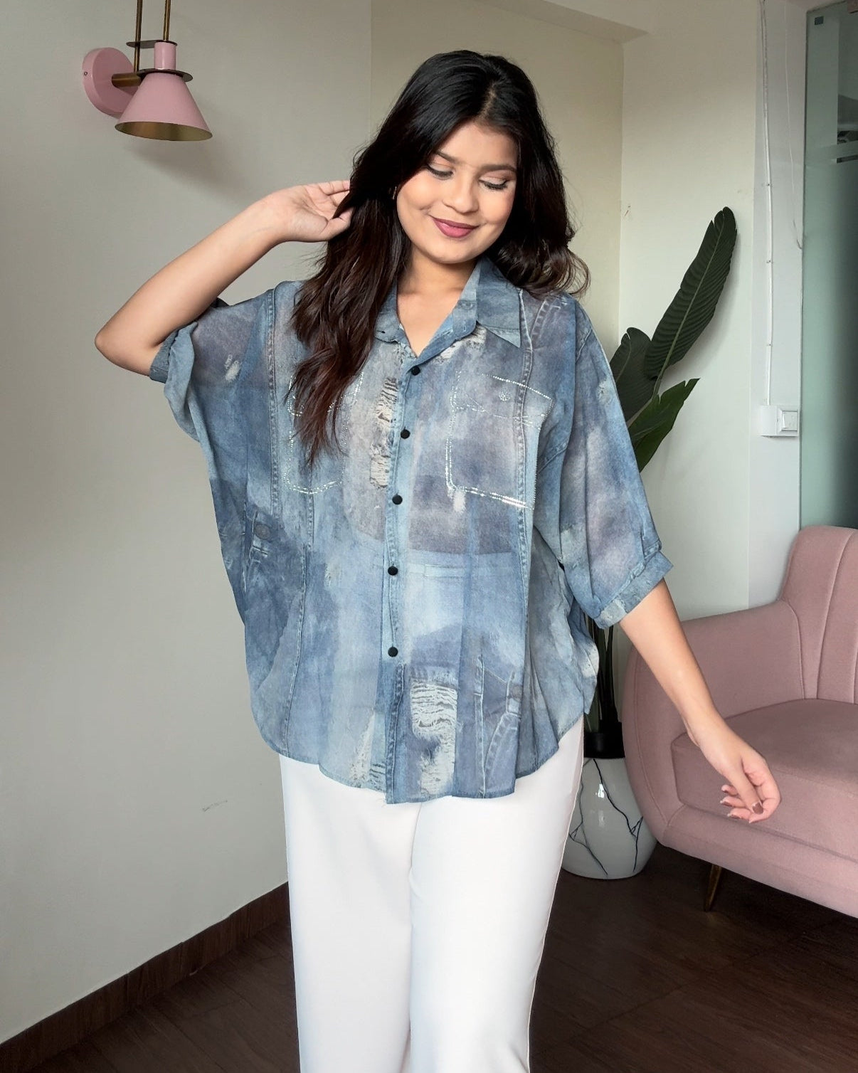 Faux Denim Patchwork Shirt