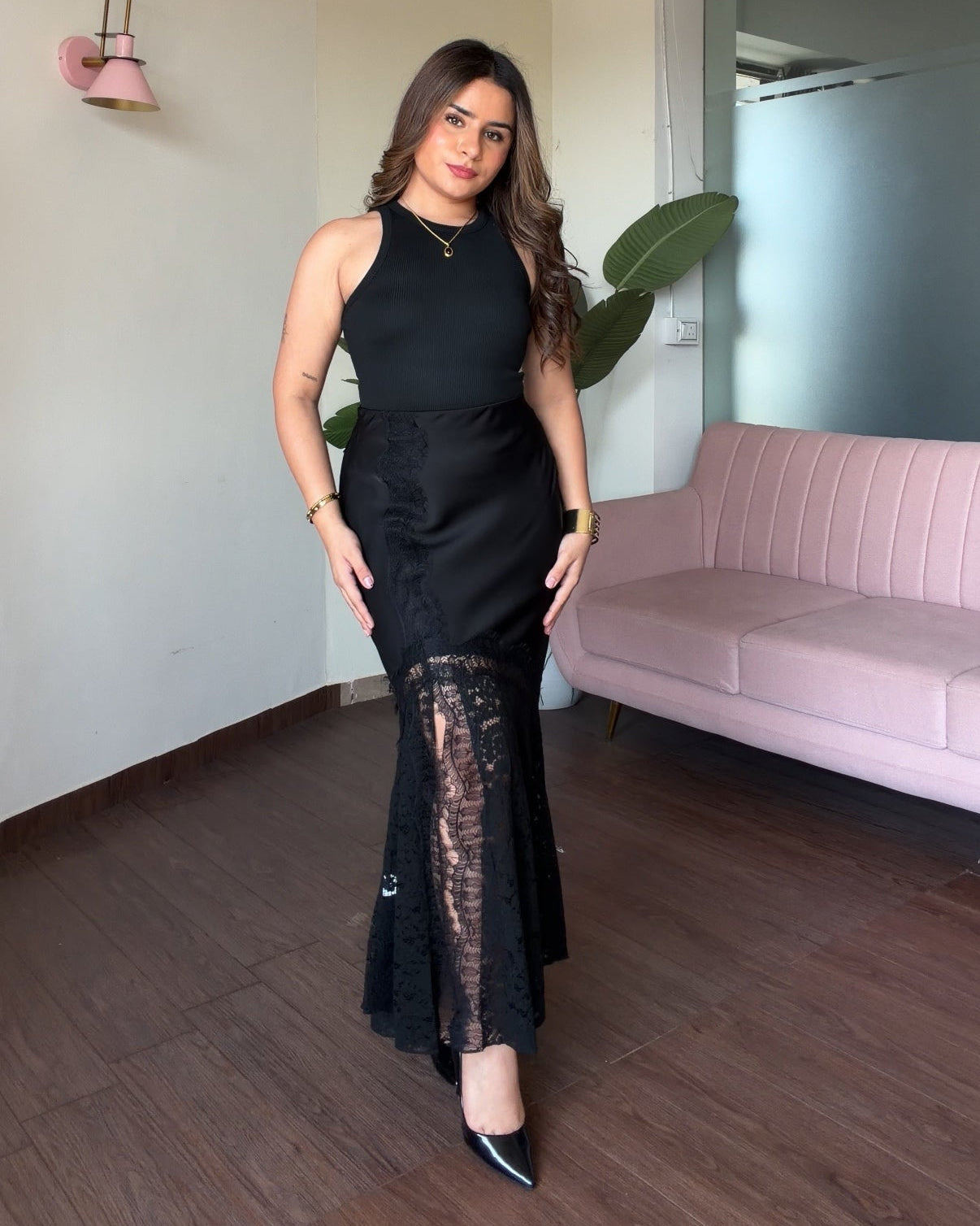 Fish Cut Satin Lace Detailing Midi Skirt