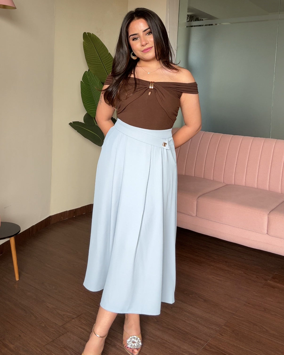 Flared Midi Skirt With Golden Button Detailing