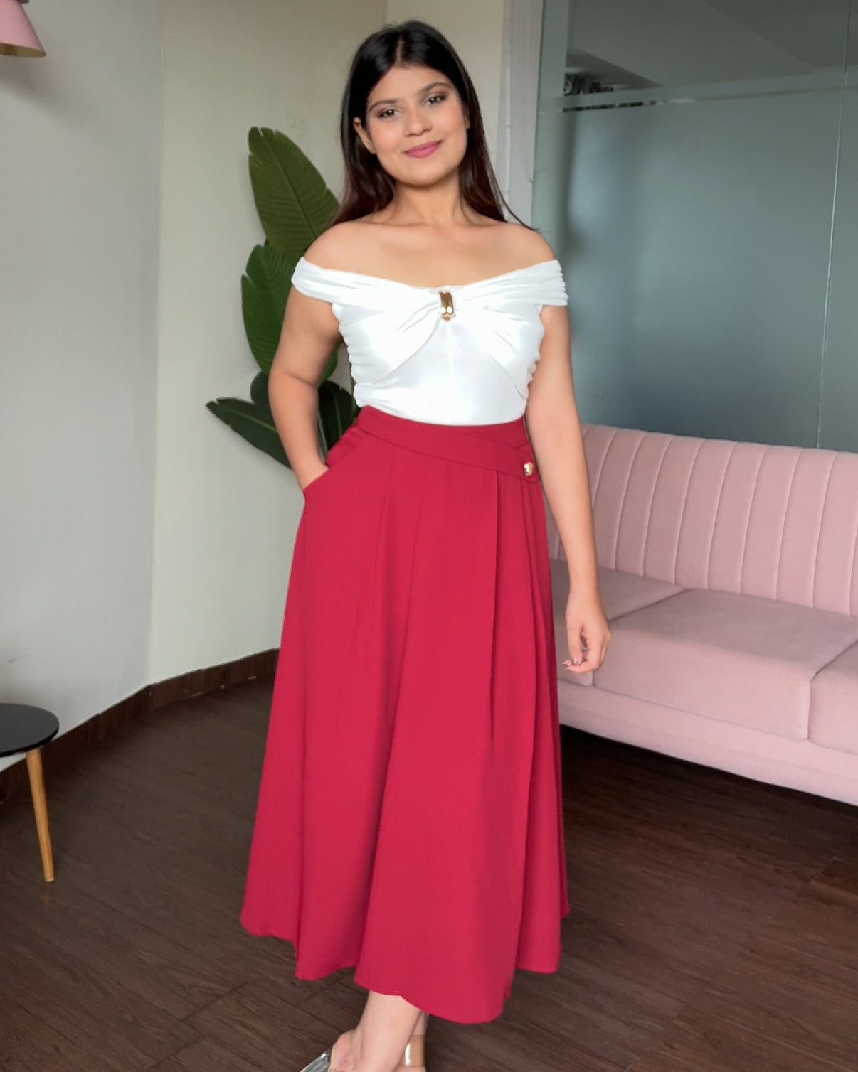 Flared Midi Skirt With Golden Button Detailing