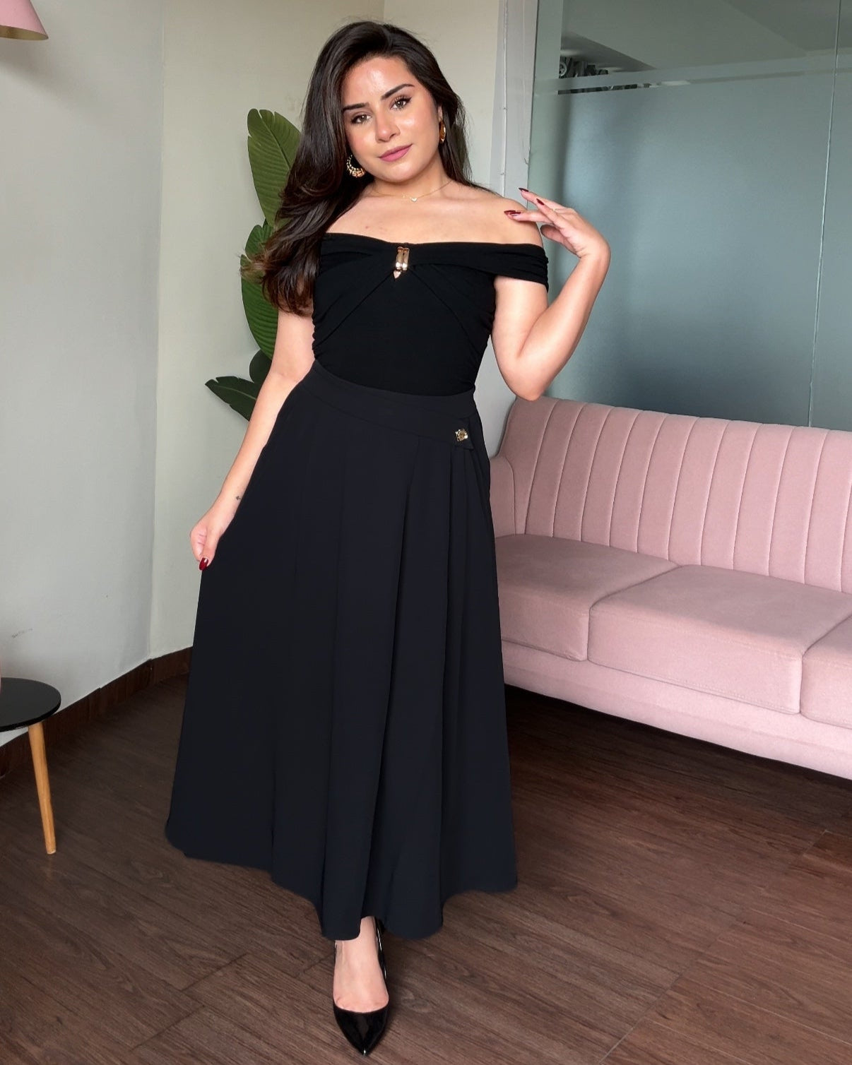 Flared Midi Skirt With Golden Button Detailing