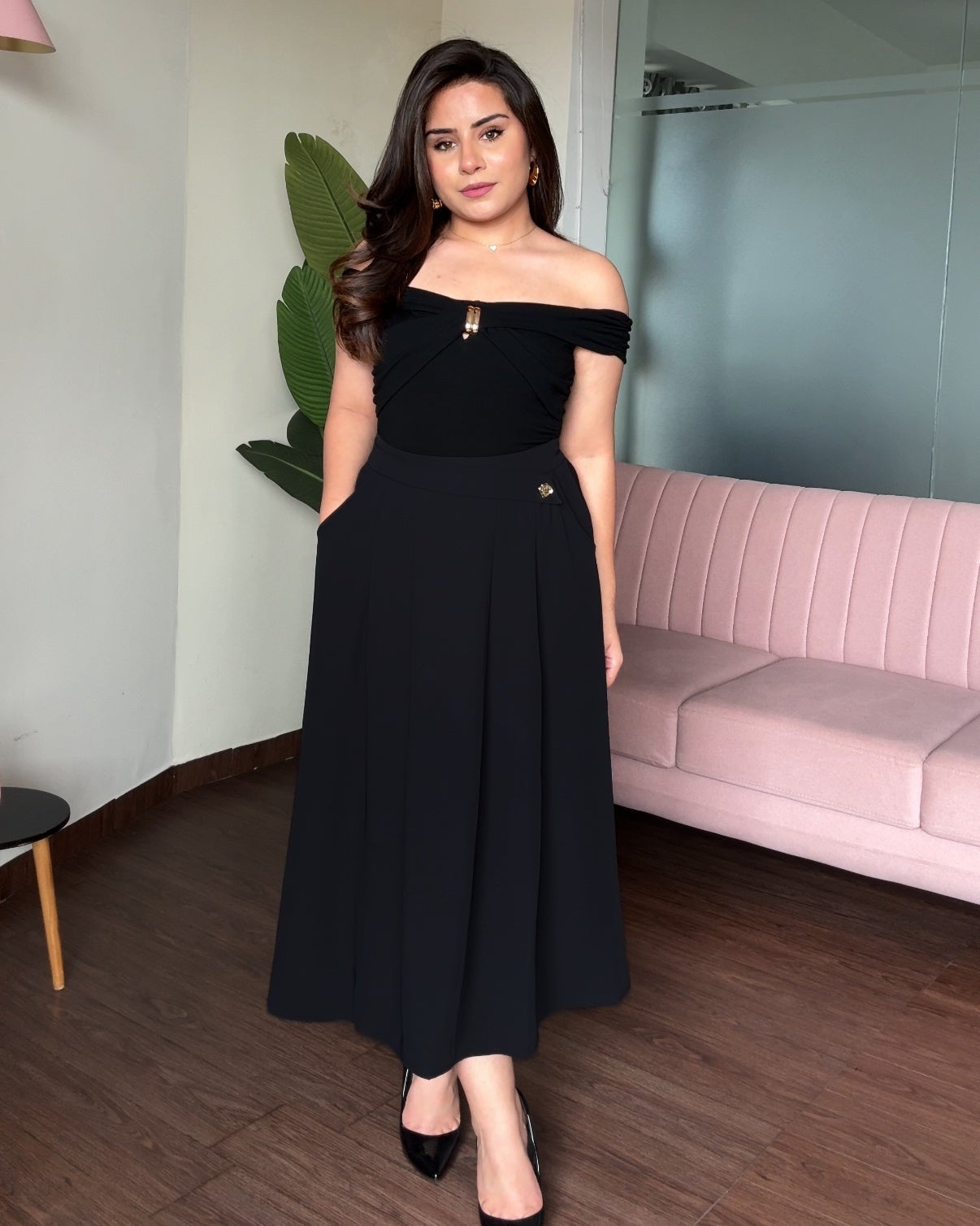 Flared Midi Skirt With Golden Button Detailing