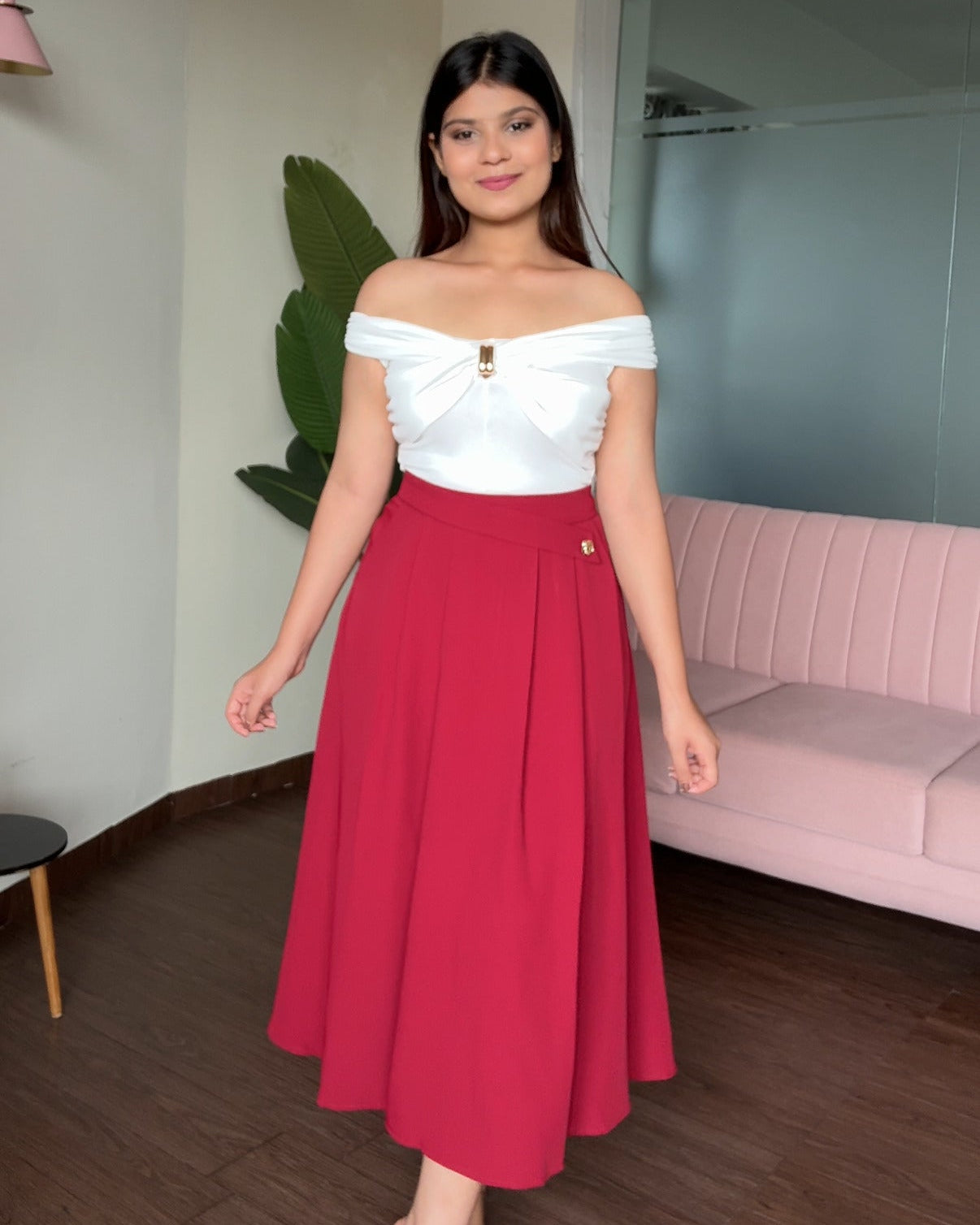 Flared Midi Skirt With Golden Button Detailing