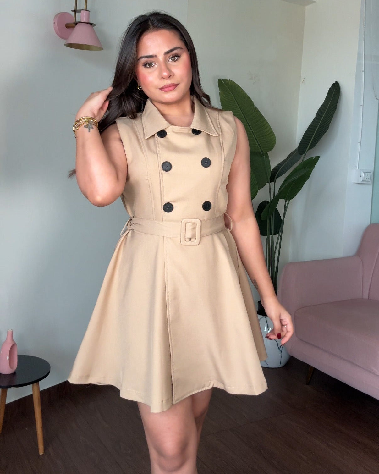 Flared Button Up Collared Trench Mini Dress