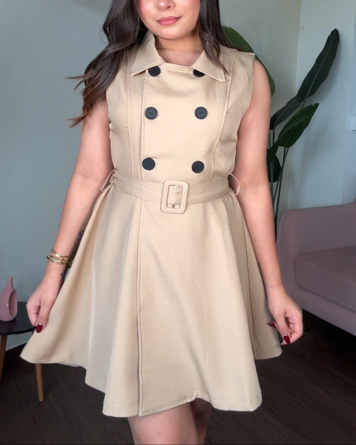 Flared Button Up Collared Trench Mini Dress