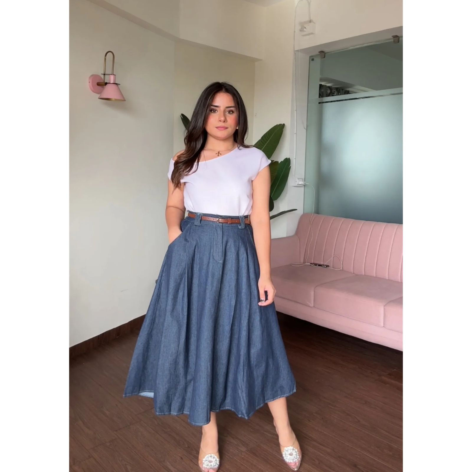 Flared Pleated Denim Skirt With Belt