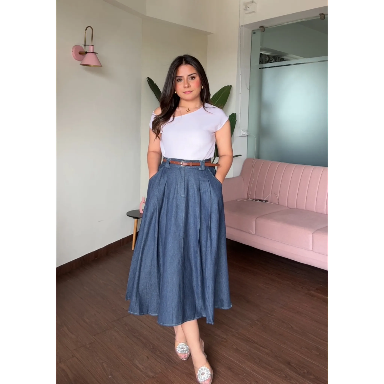 Flared Pleated Denim Skirt With Belt