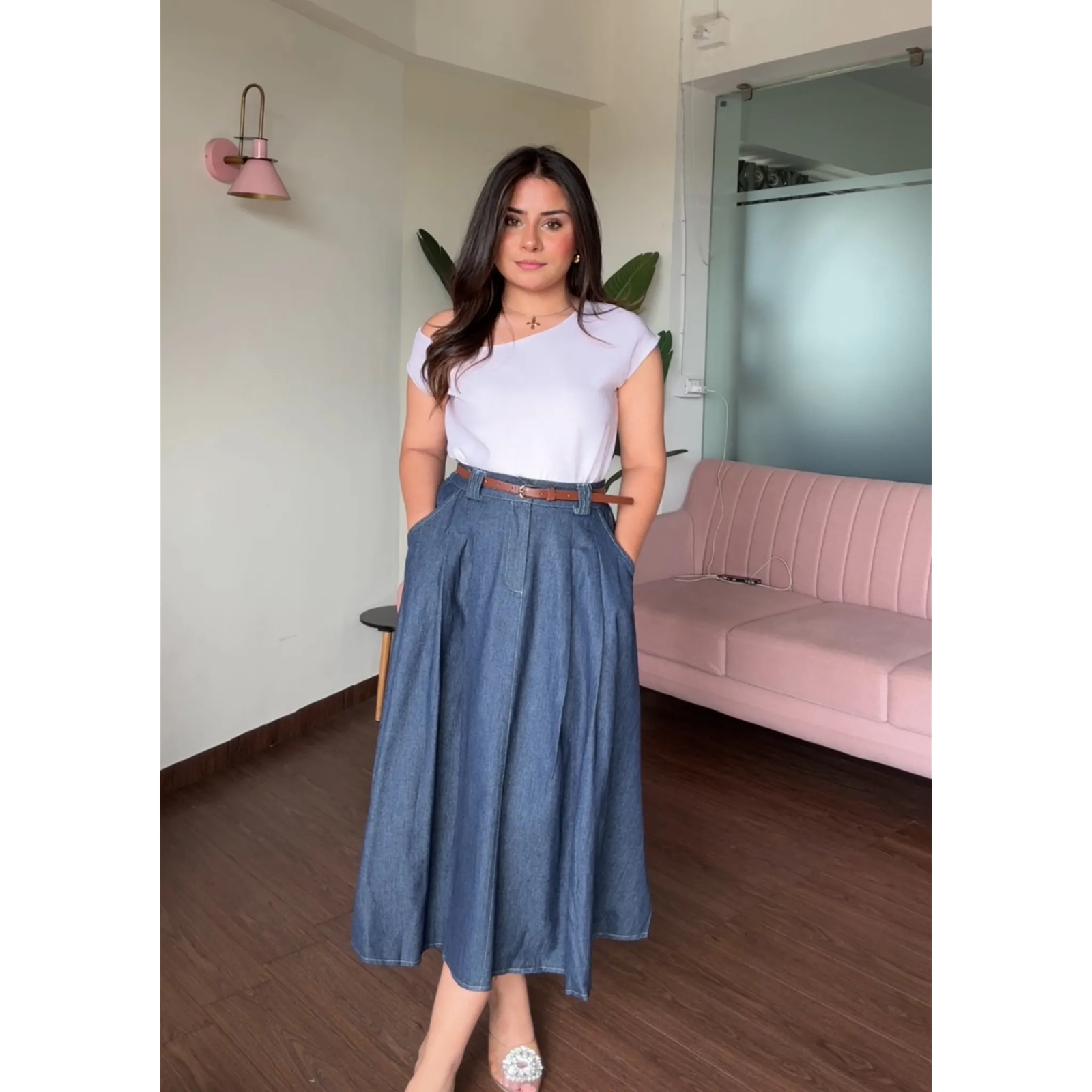 Flared Pleated Denim Skirt With Belt