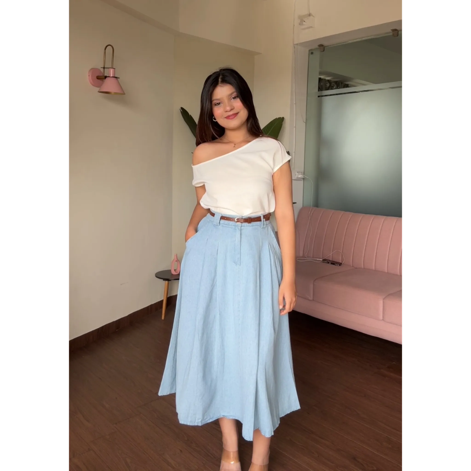 Flared Pleated Denim Skirt With Belt