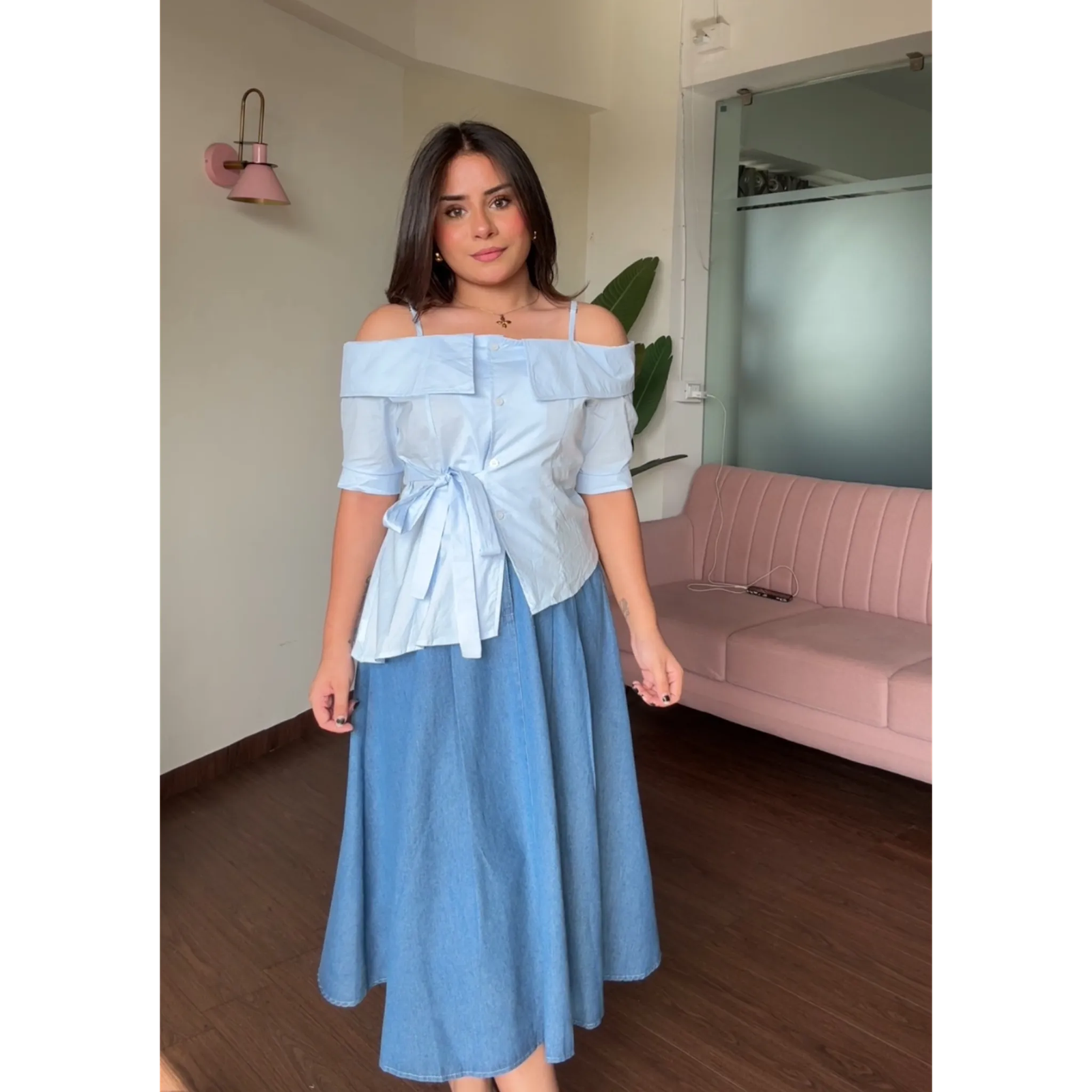 Flared Pleated Denim Skirt With Belt