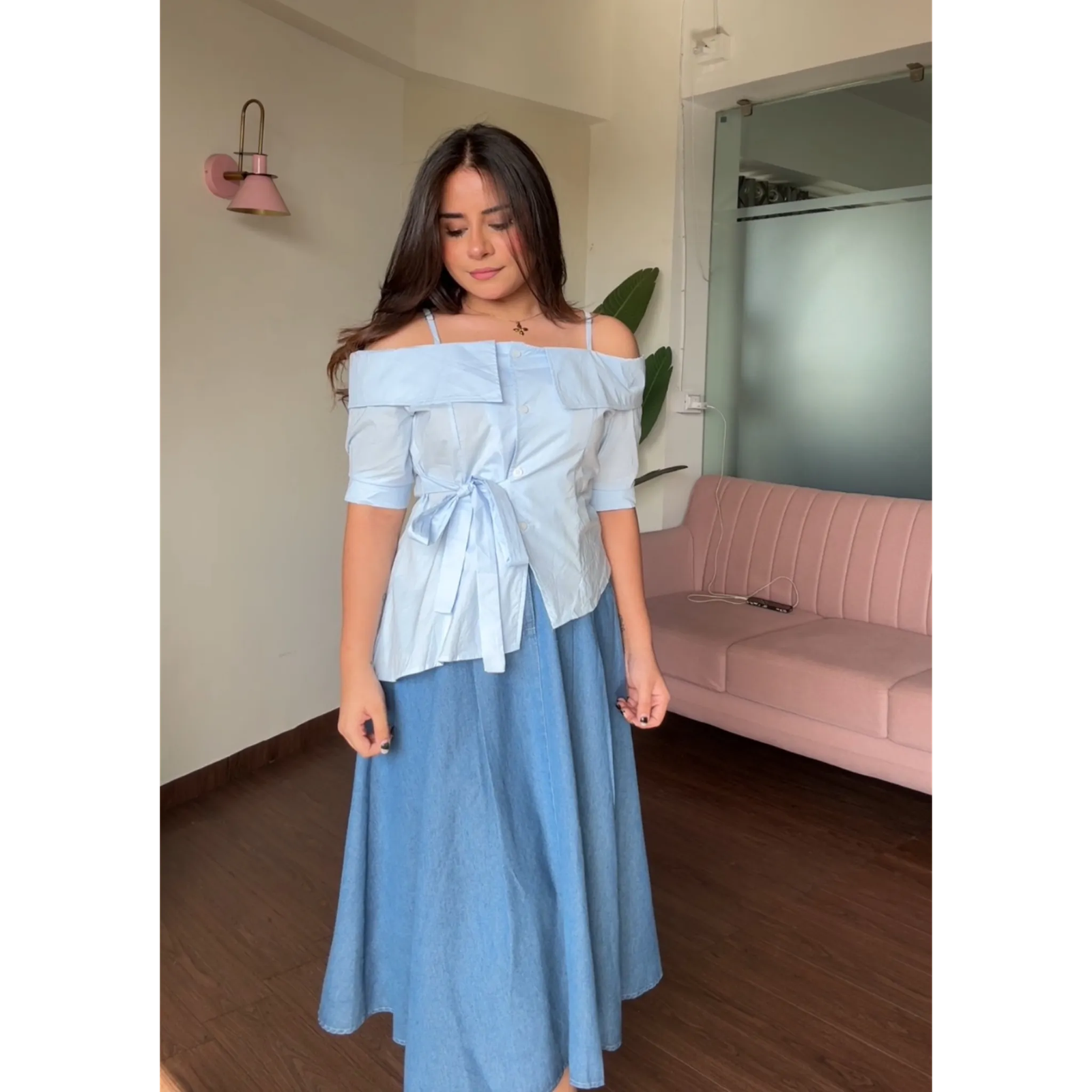 Flared Pleated Denim Skirt With Belt