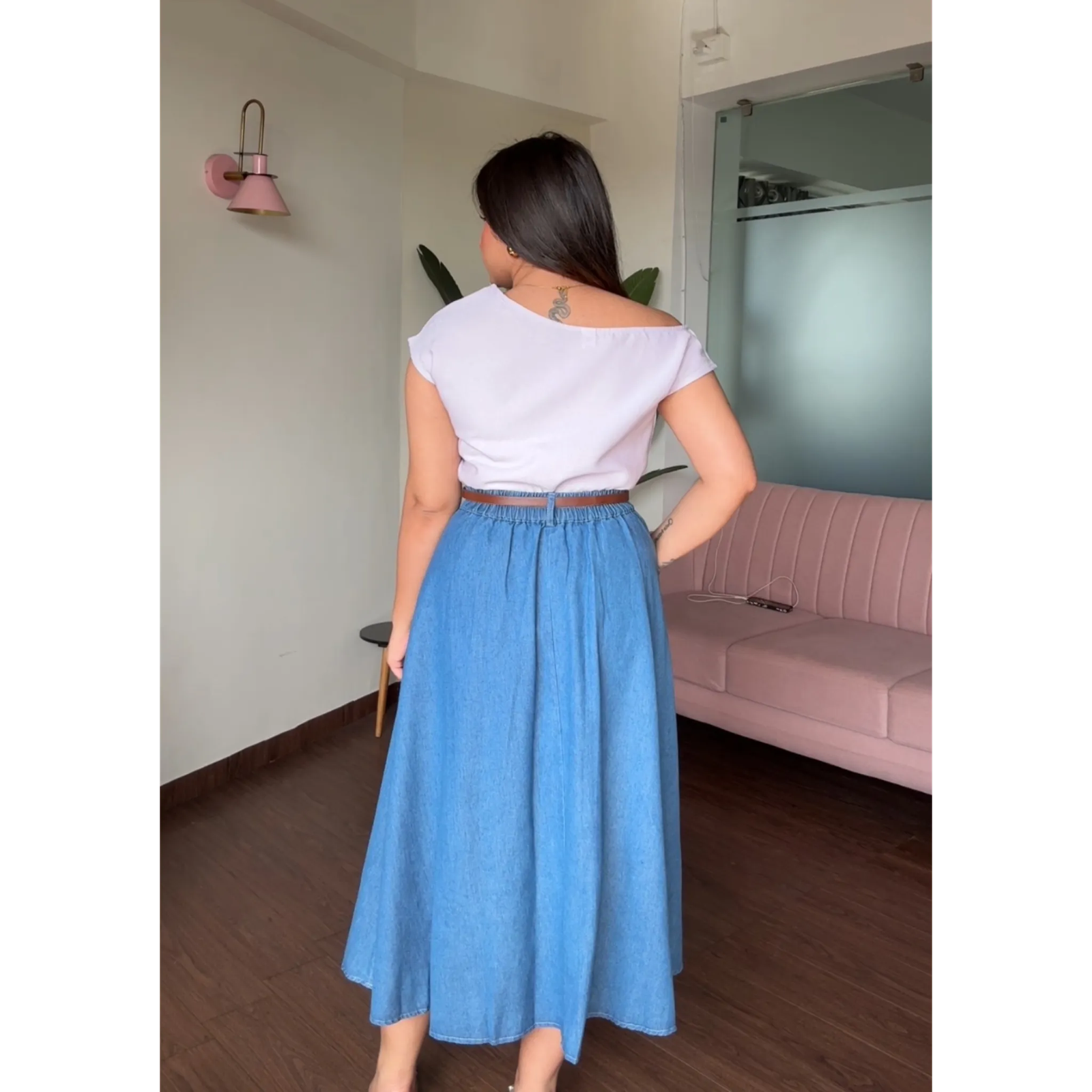 Flared Pleated Denim Skirt With Belt