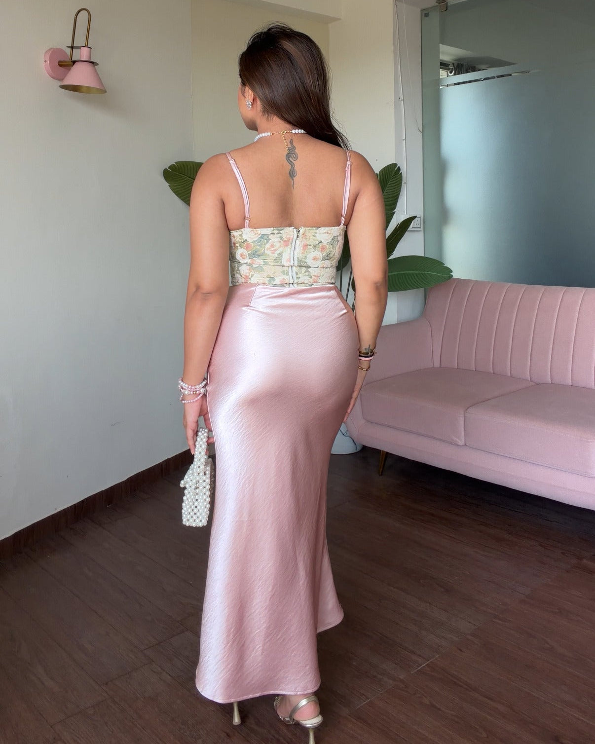 Floral Corset Satin Midi Skirt Set