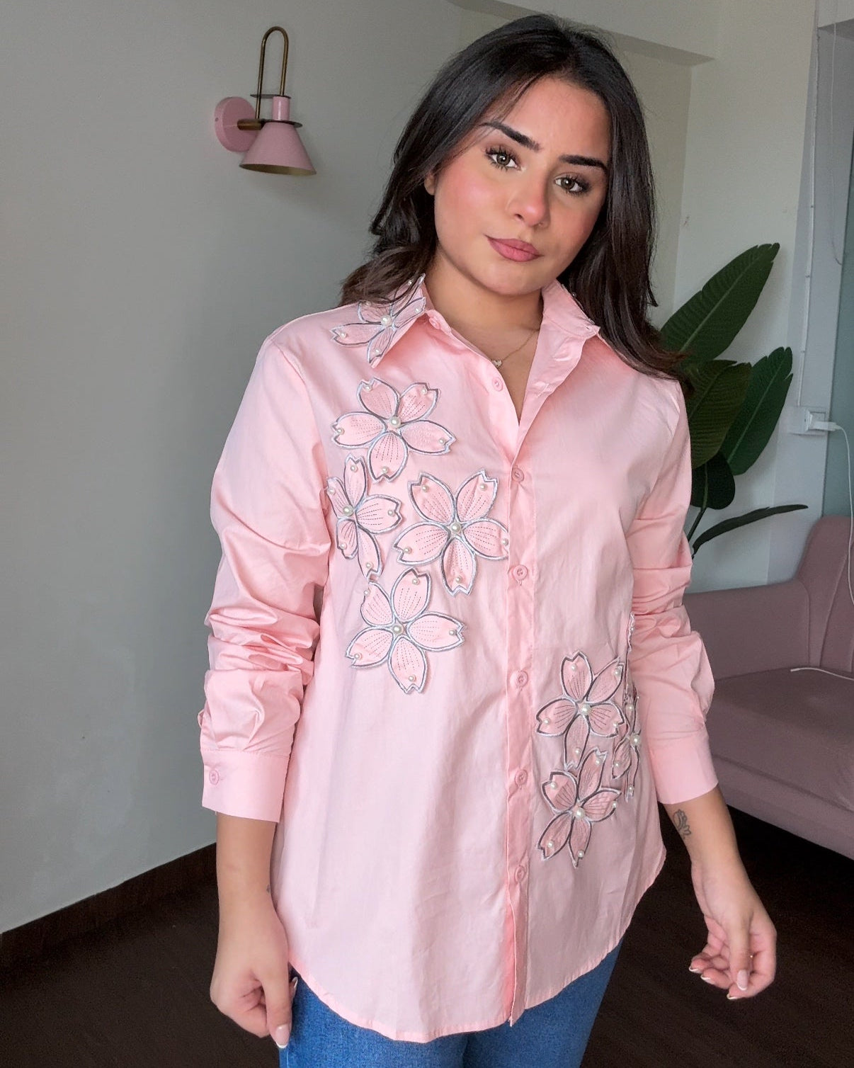Floral Embellishment Cotton Button Up Shirt