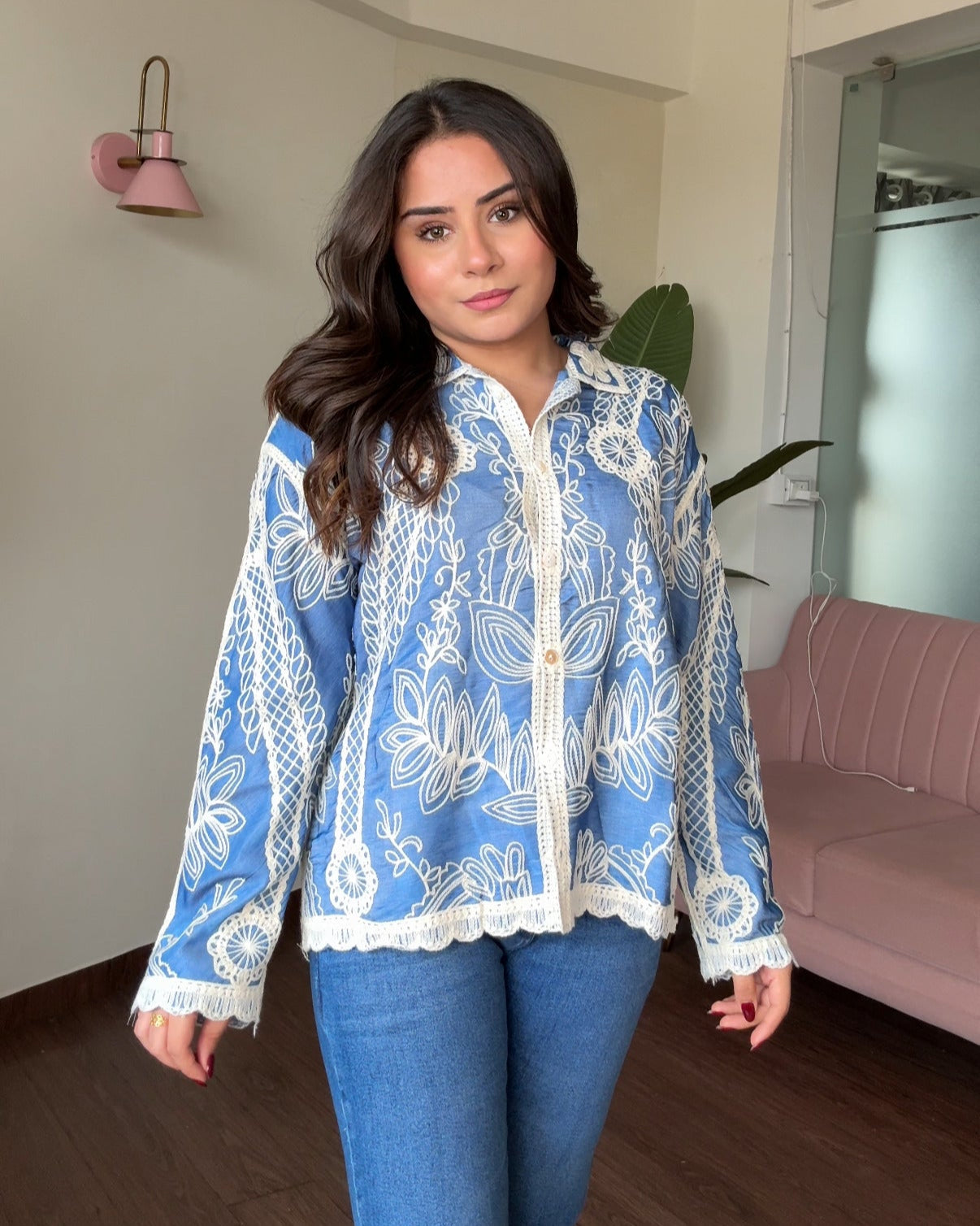 Floral Embroidery Full Sleeve Cotton Shirt