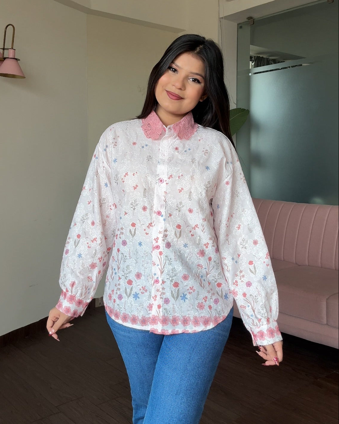 Floral Print Relaxed Fit Lace Collar Shirt