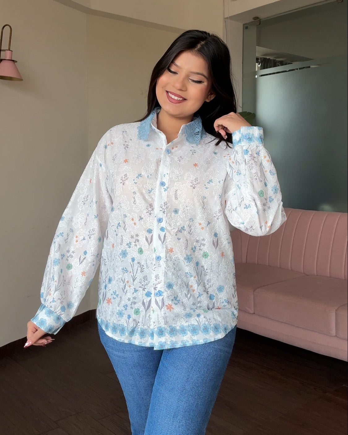 Floral Print Relaxed Fit Lace Collar Shirt