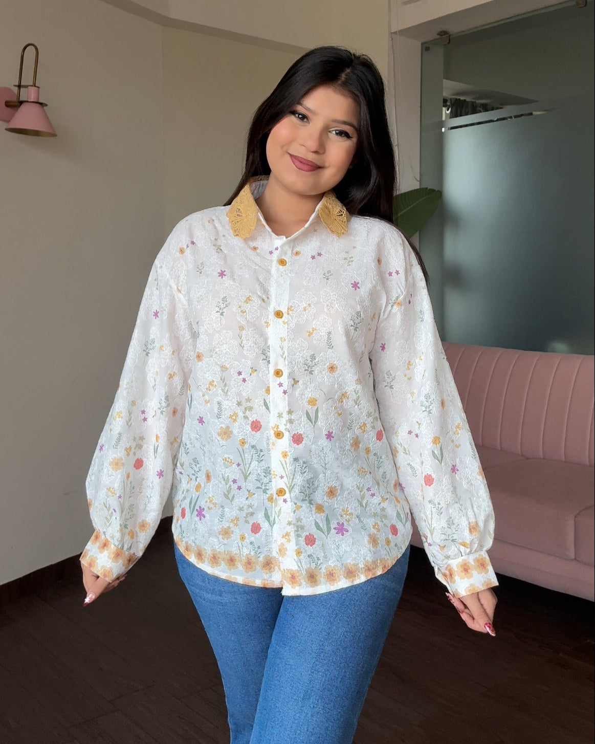 Floral Print Relaxed Fit Lace Collar Shirt