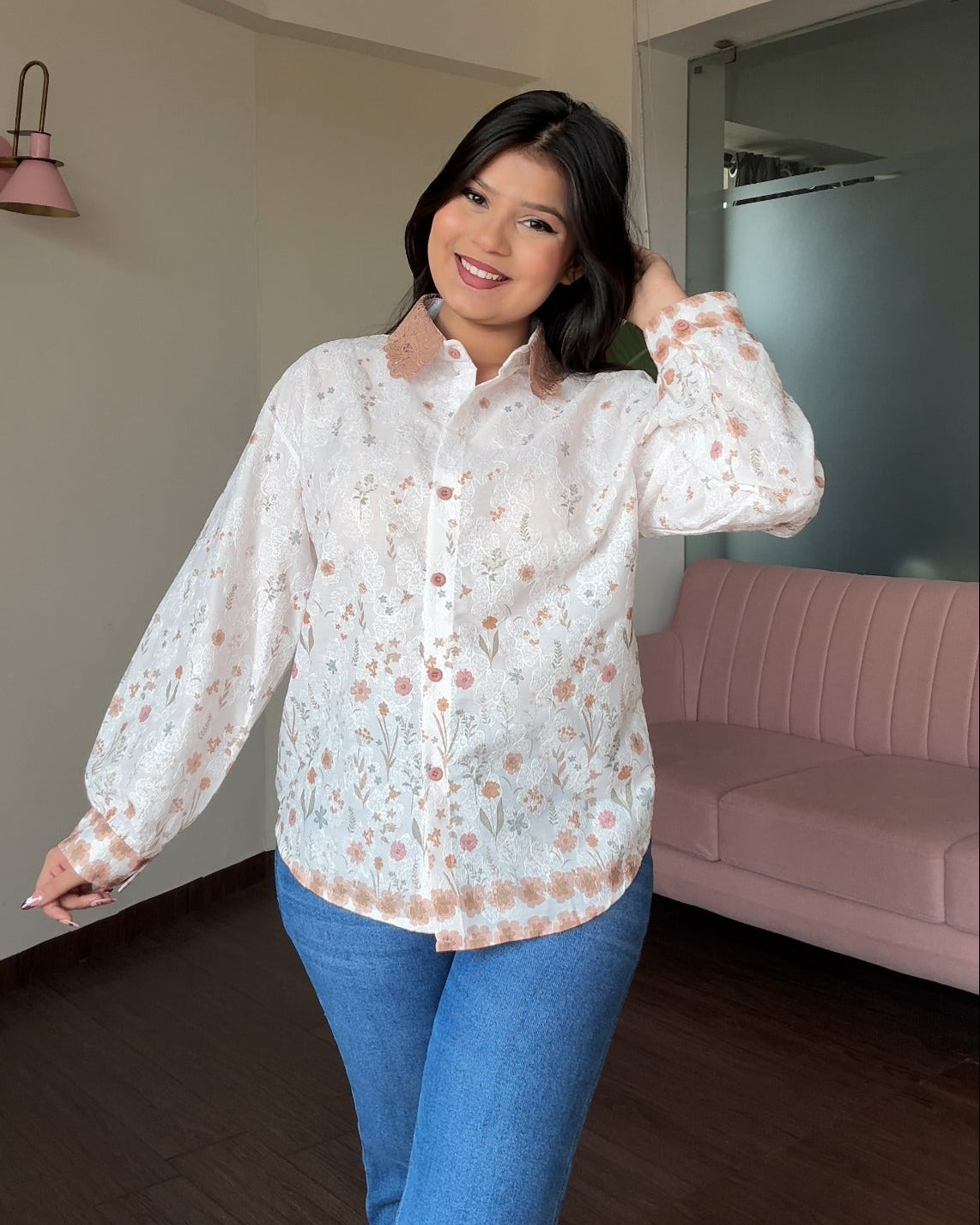 Floral Print Relaxed Fit Lace Collar Shirt