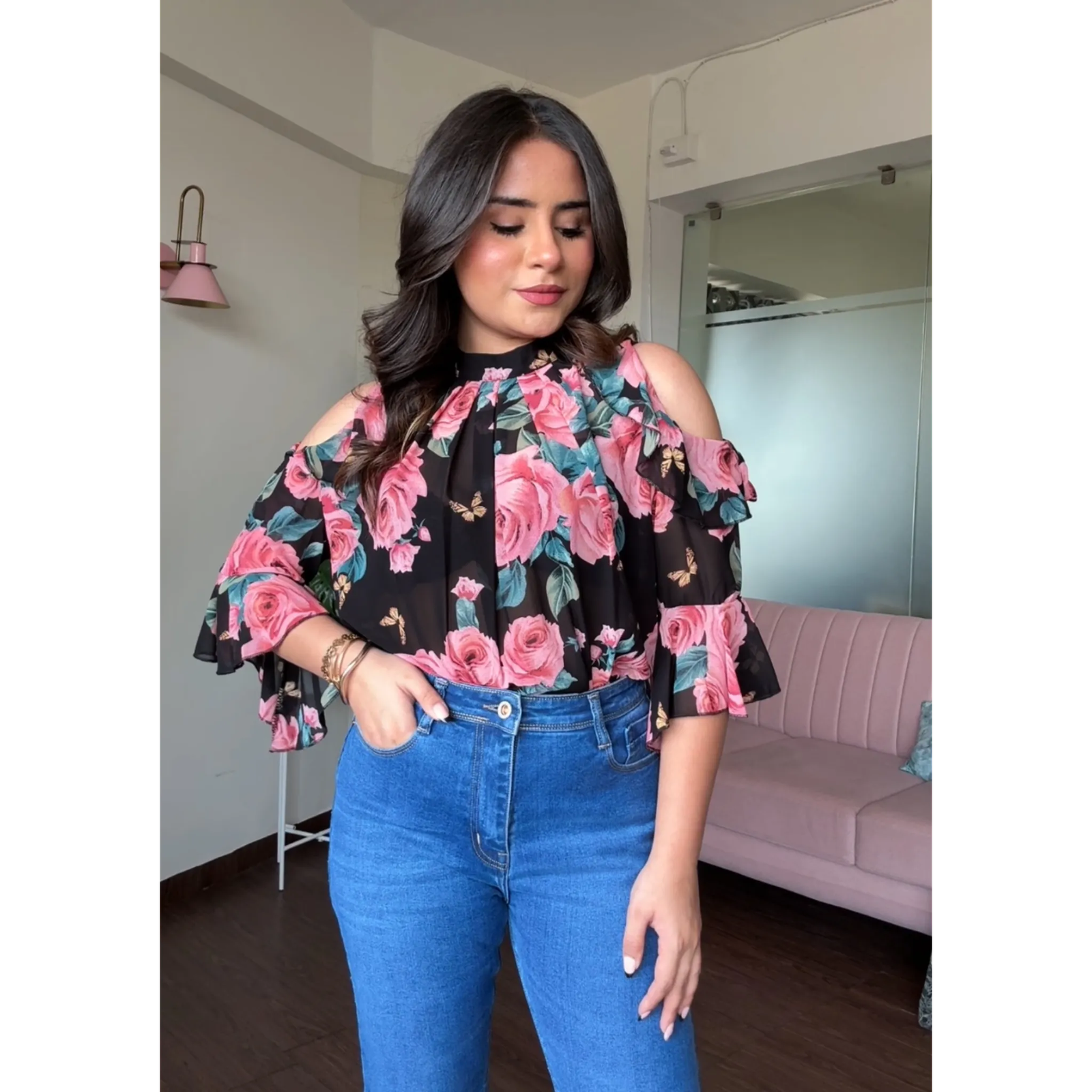Floral Printed Cold Shoulder Ruffle Blouse