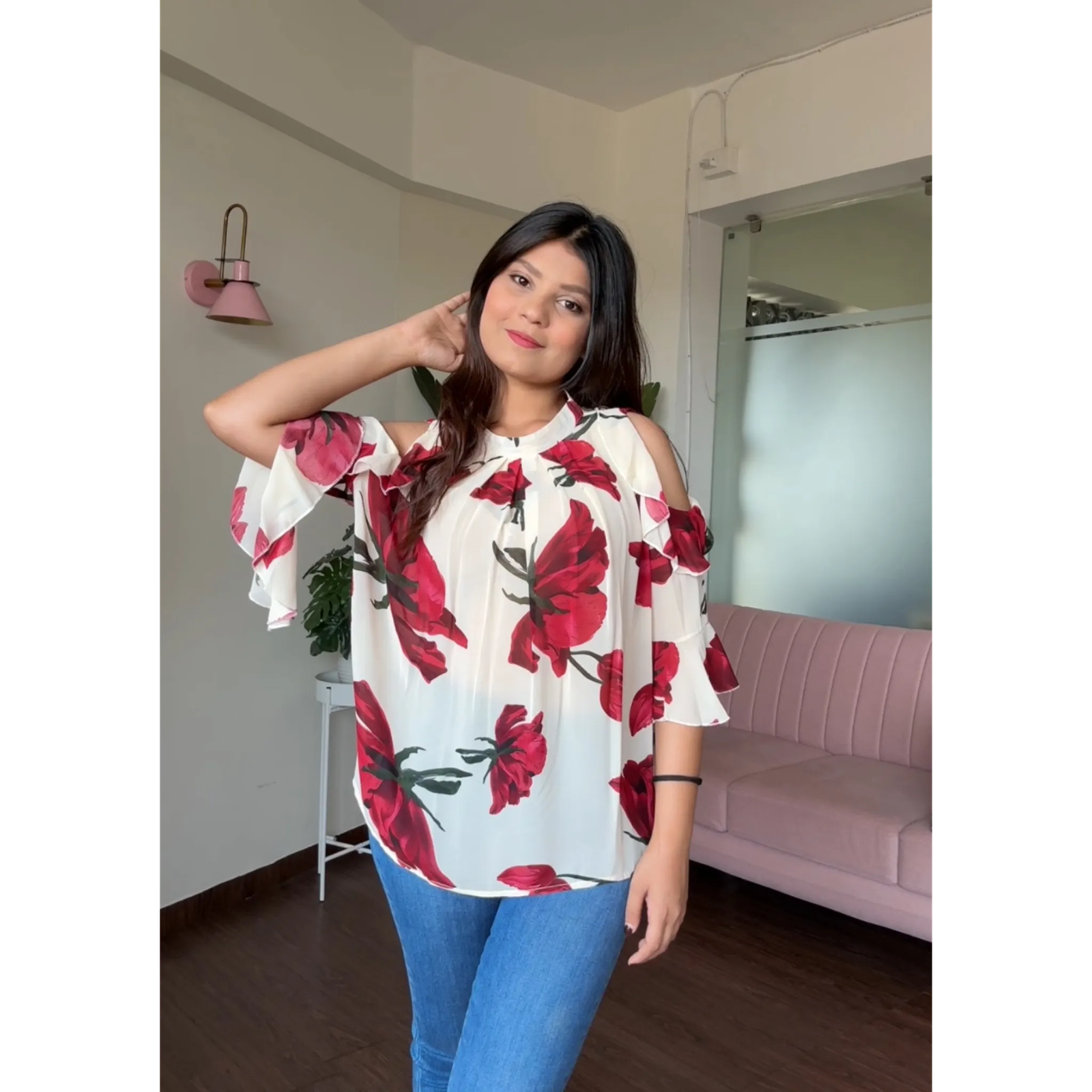 Floral Printed Cold Shoulder Ruffle Blouse
