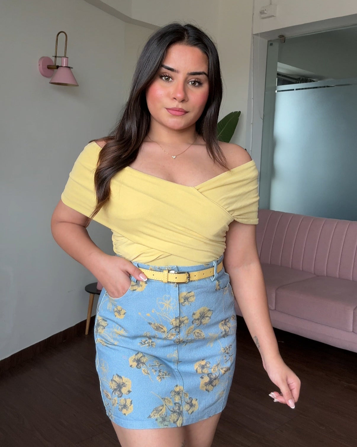 Floral Printed Denim Skirt With Belt