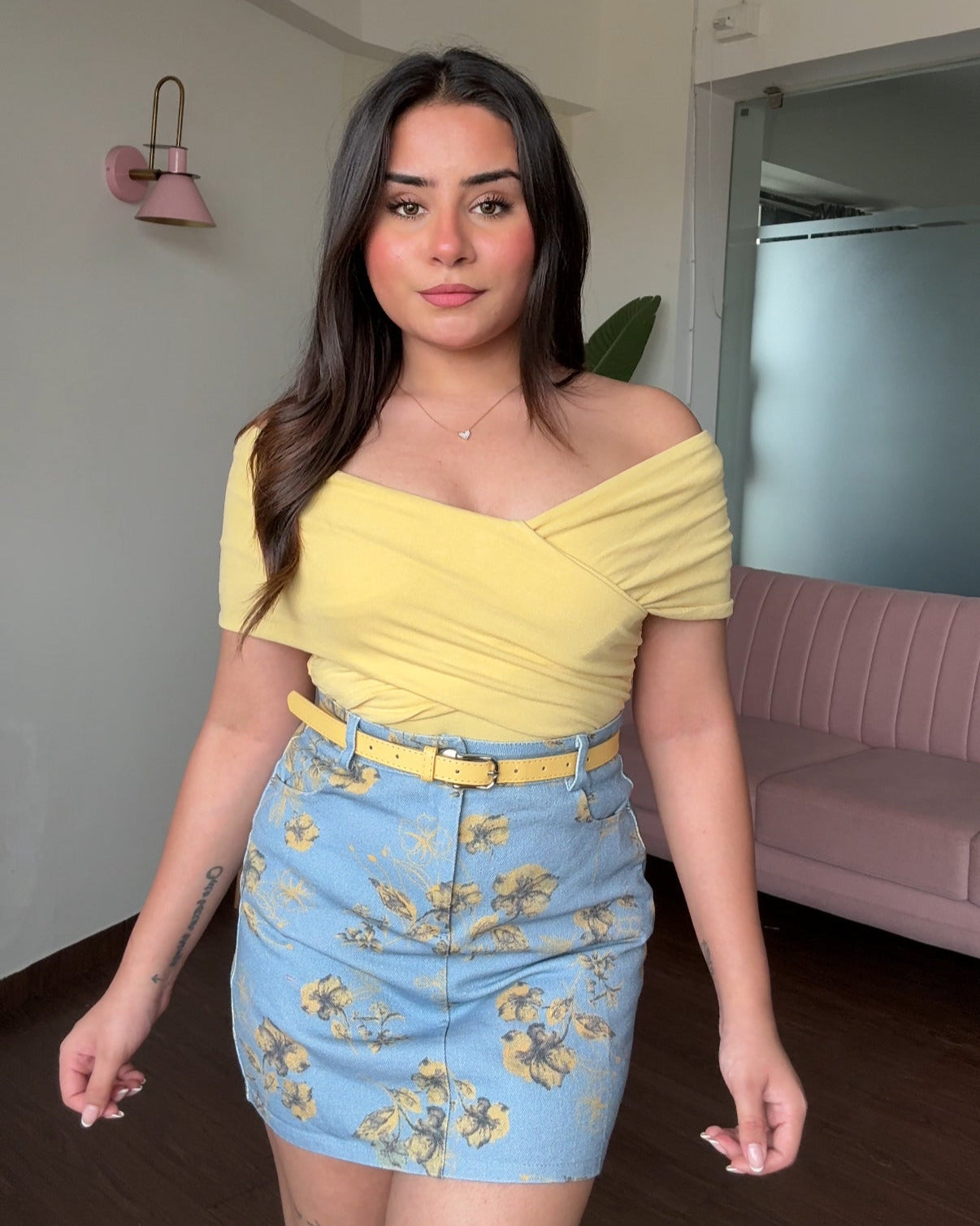 Floral Printed Denim Skirt With Belt
