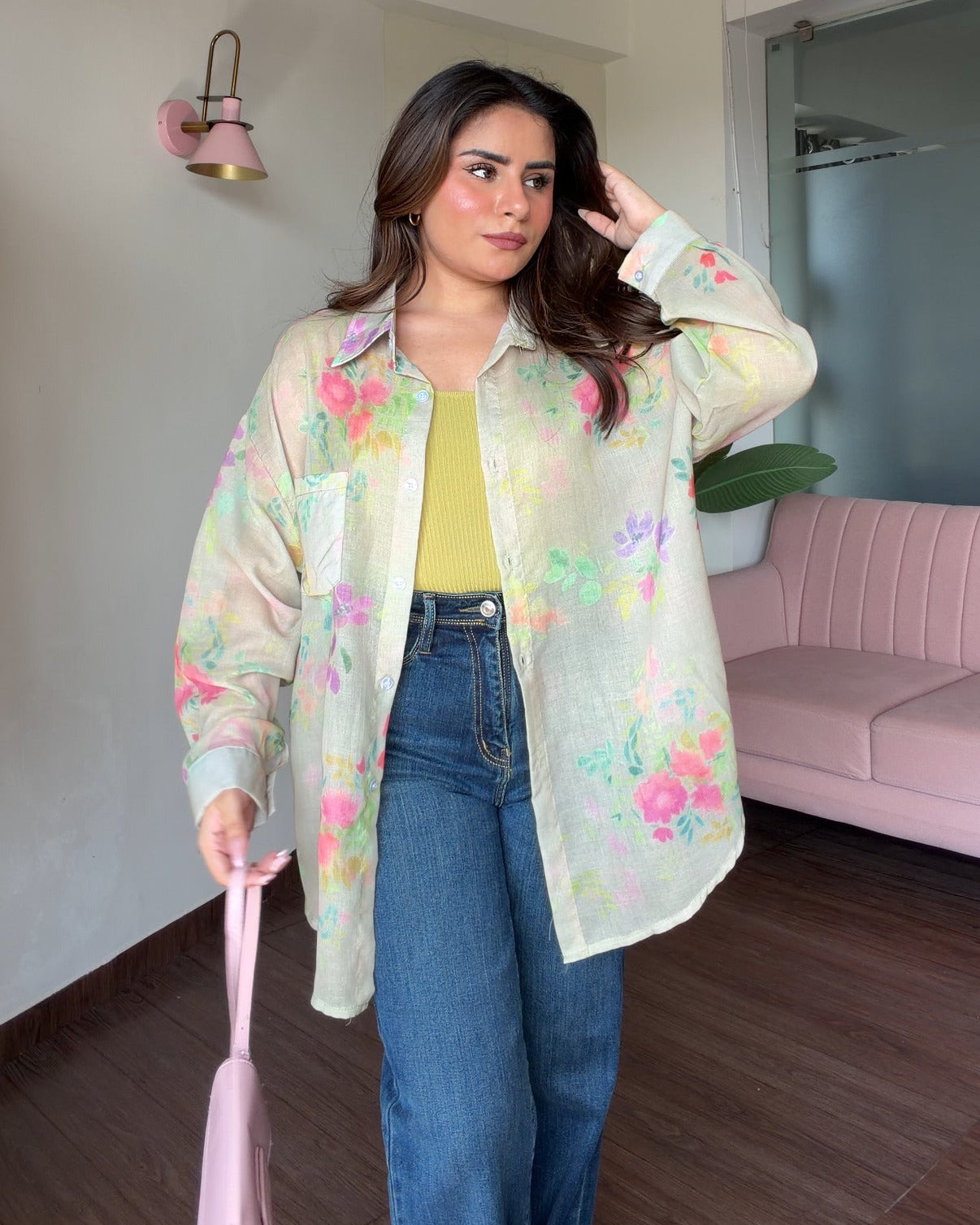 Floral Sheer Relaxed Fit Summer Shirt With Cami Top