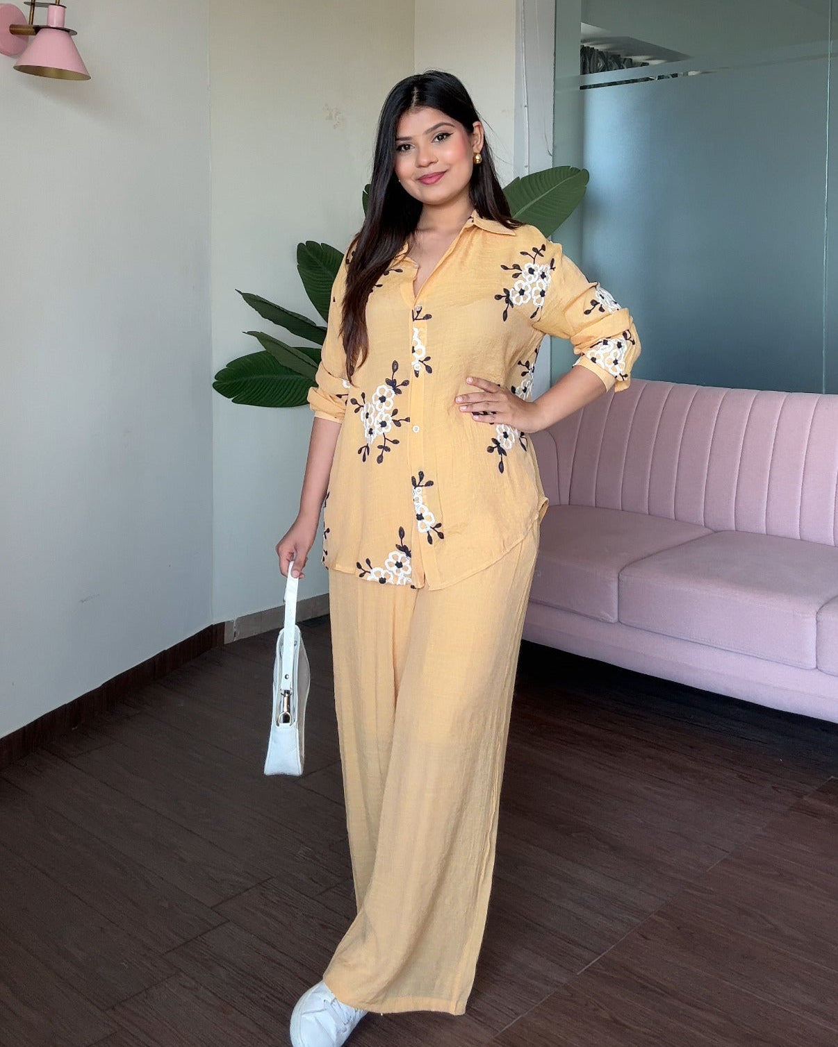 Floral White Embroidered Tissue Cotton Co-ord Set
