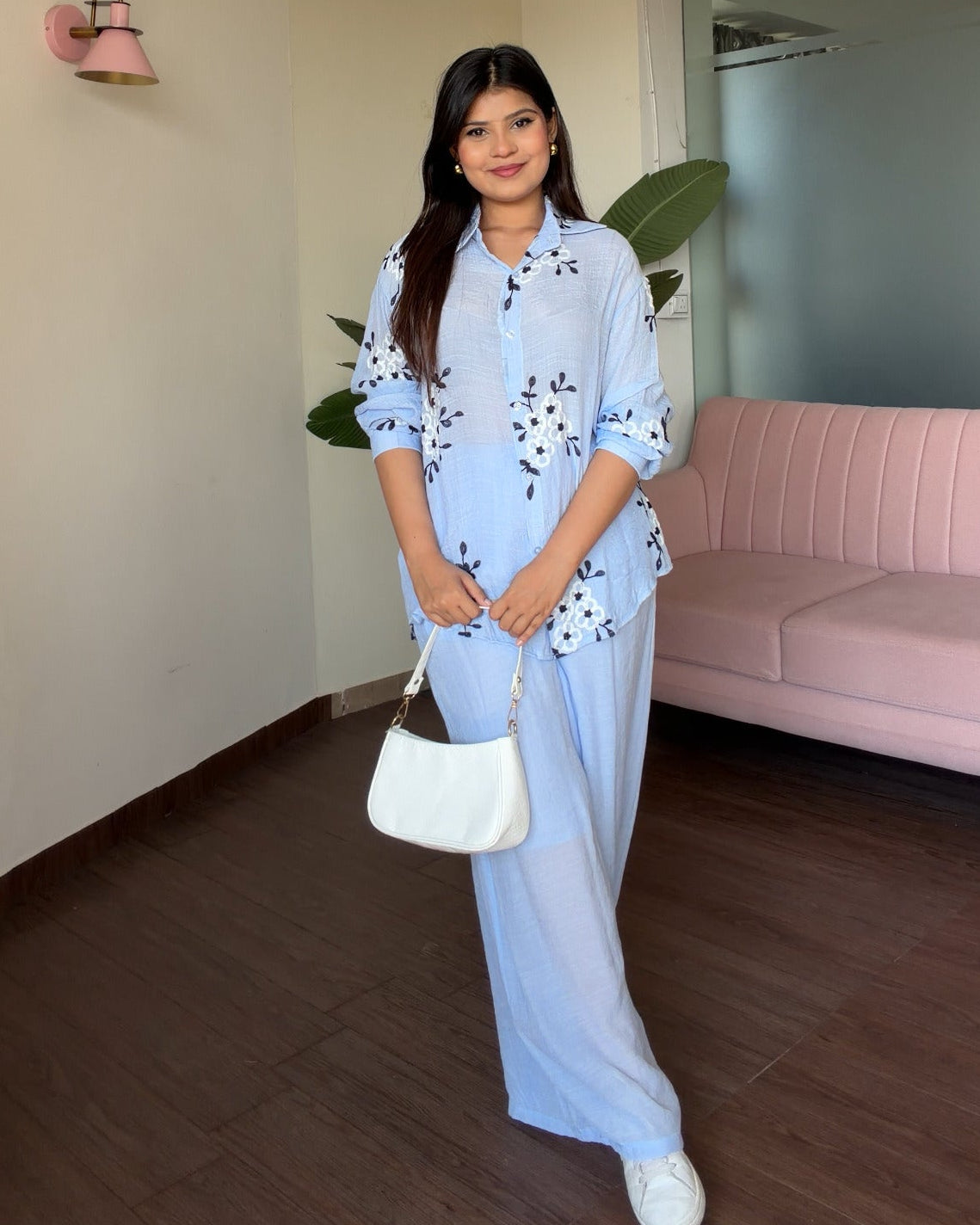 Floral White Embroidered Tissue Cotton Co-ord Set