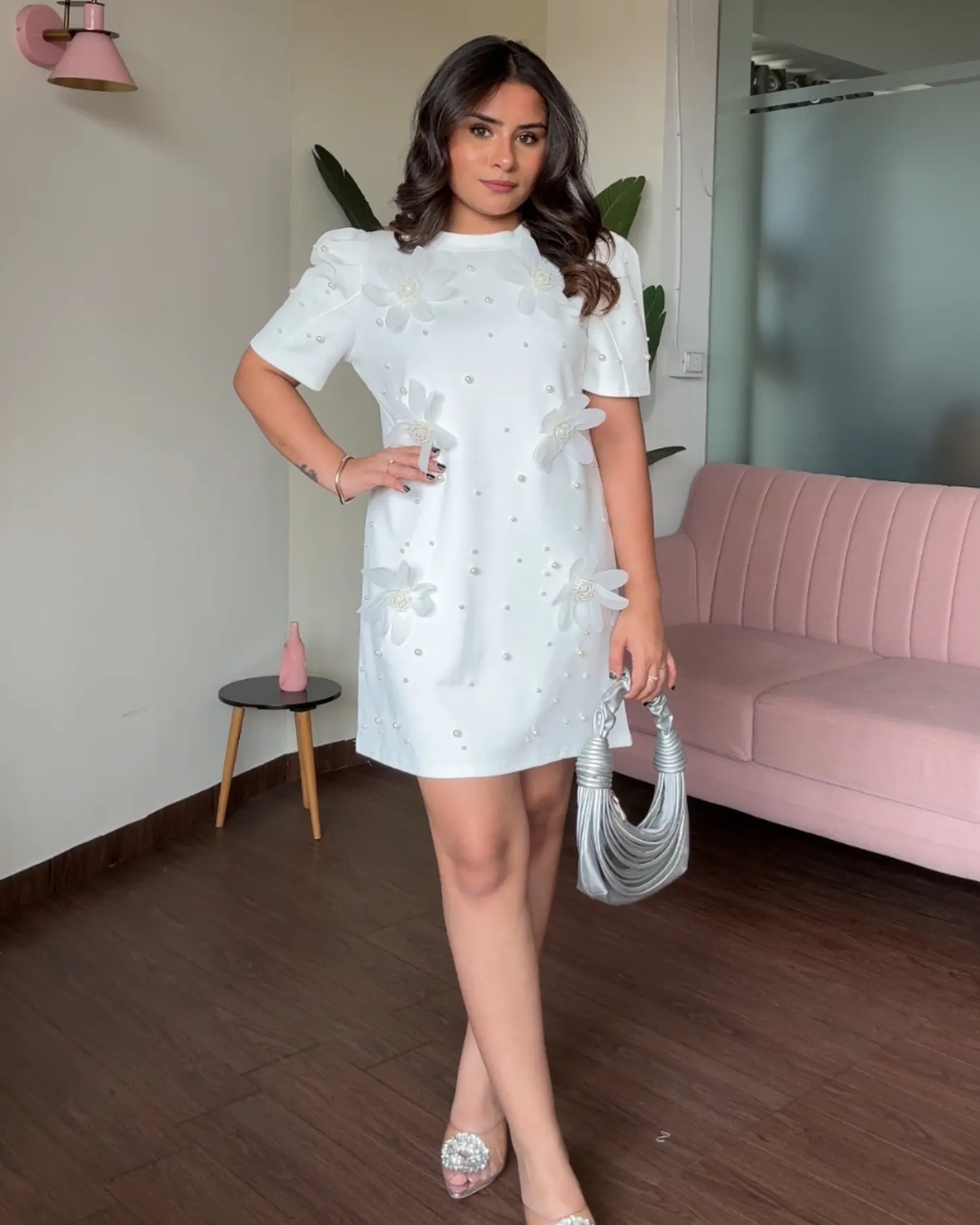 Flower And Pearl Stuffed Puff Sleeve T-Shirt Dress