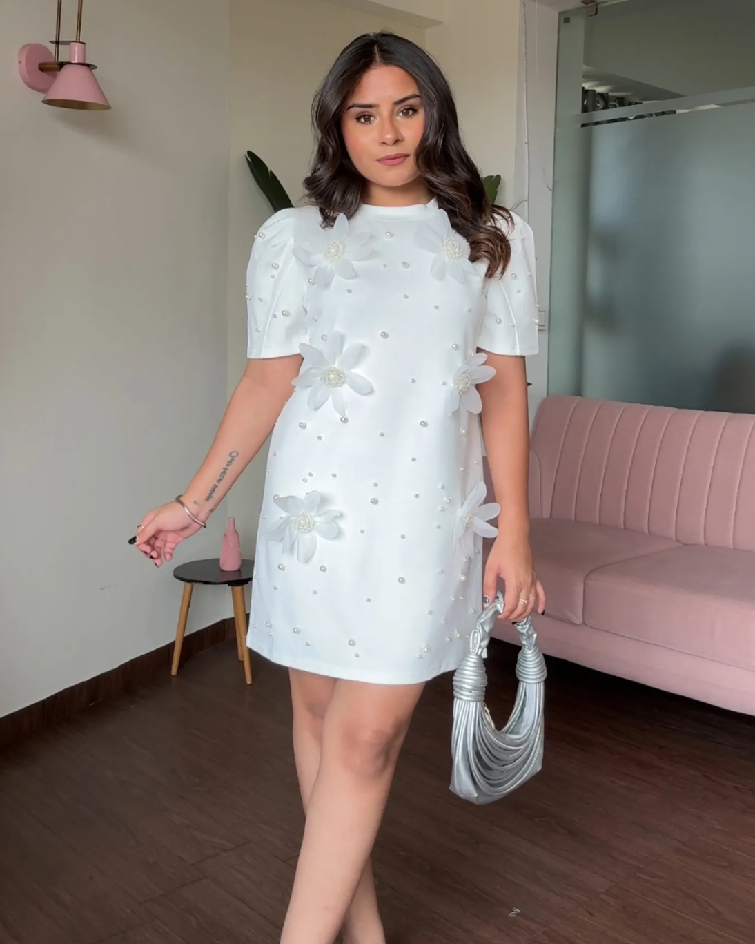 Flower And Pearl Stuffed Puff Sleeve T-Shirt Dress