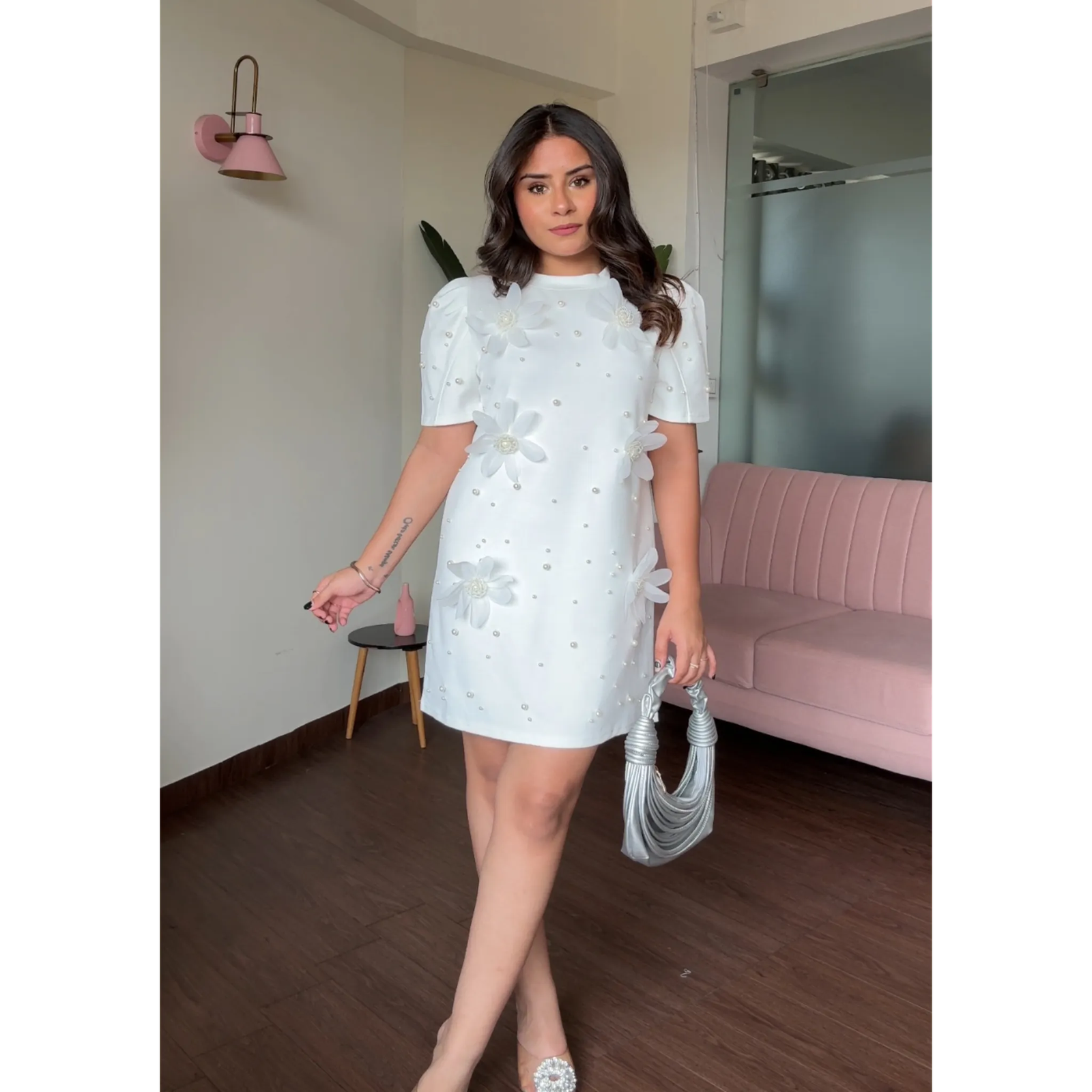 Flower And Pearl Stuffed Puff Sleeve T-Shirt Dress