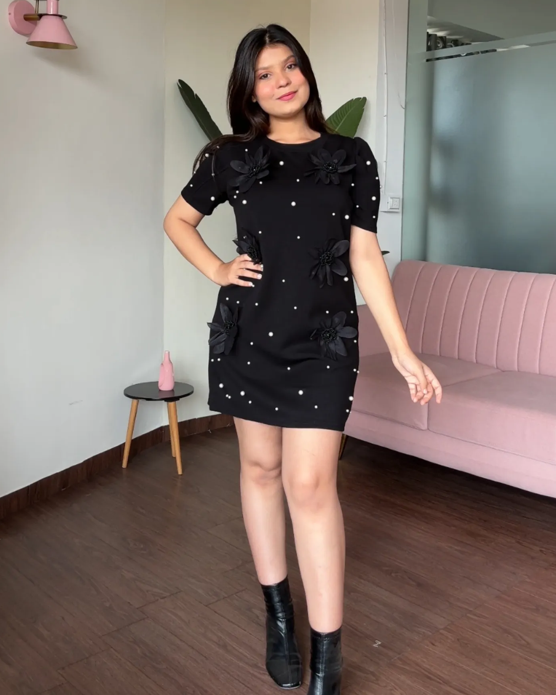 Flower And Pearl Stuffed Puff Sleeve T-Shirt Dress
