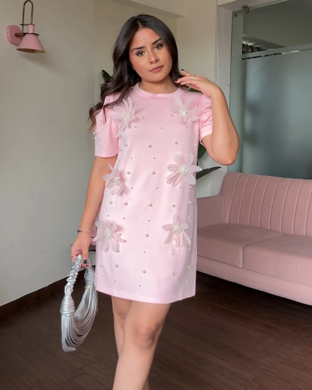 Flower And Pearl Stuffed Puff Sleeve T-Shirt Dress