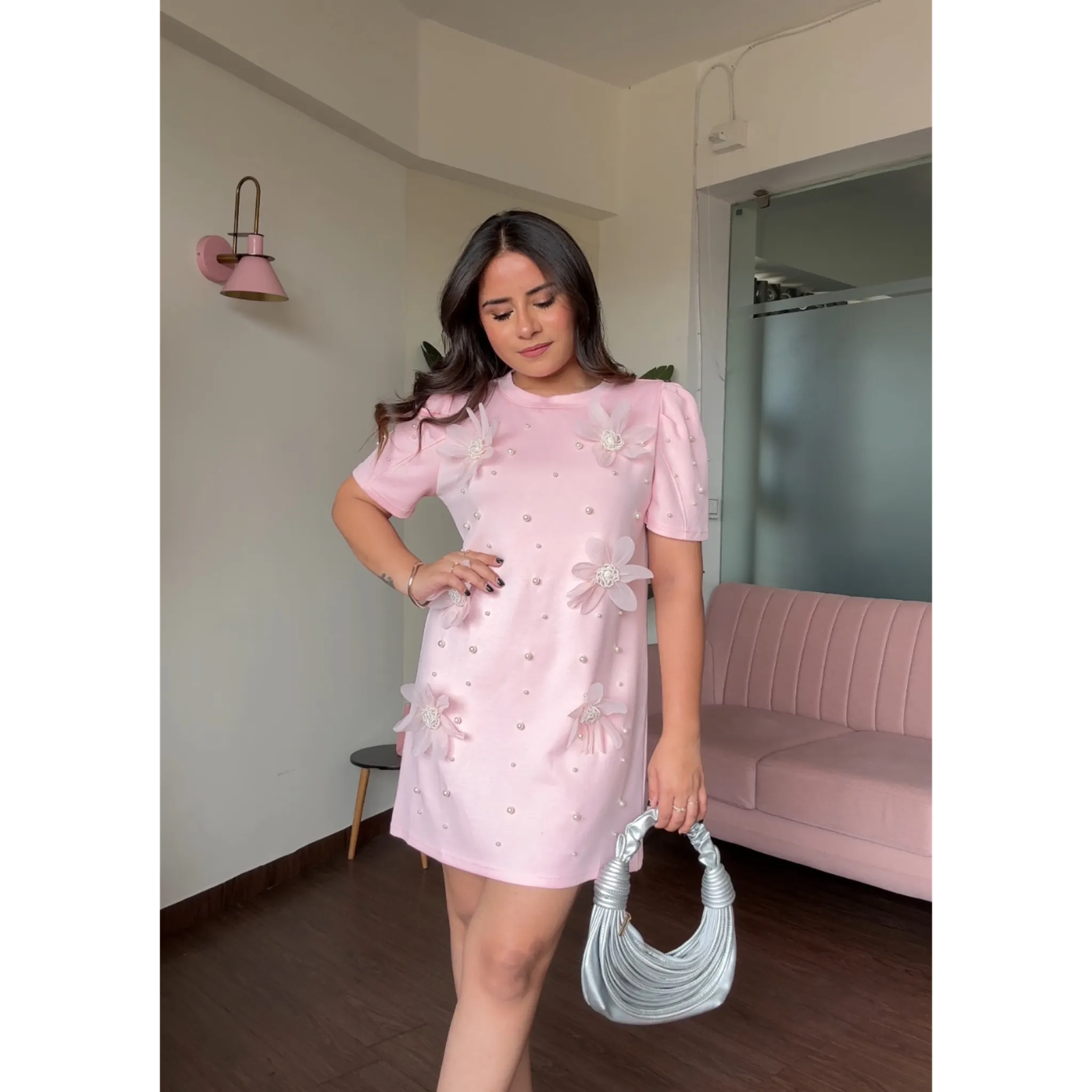 Flower And Pearl Stuffed Puff Sleeve T-Shirt Dress
