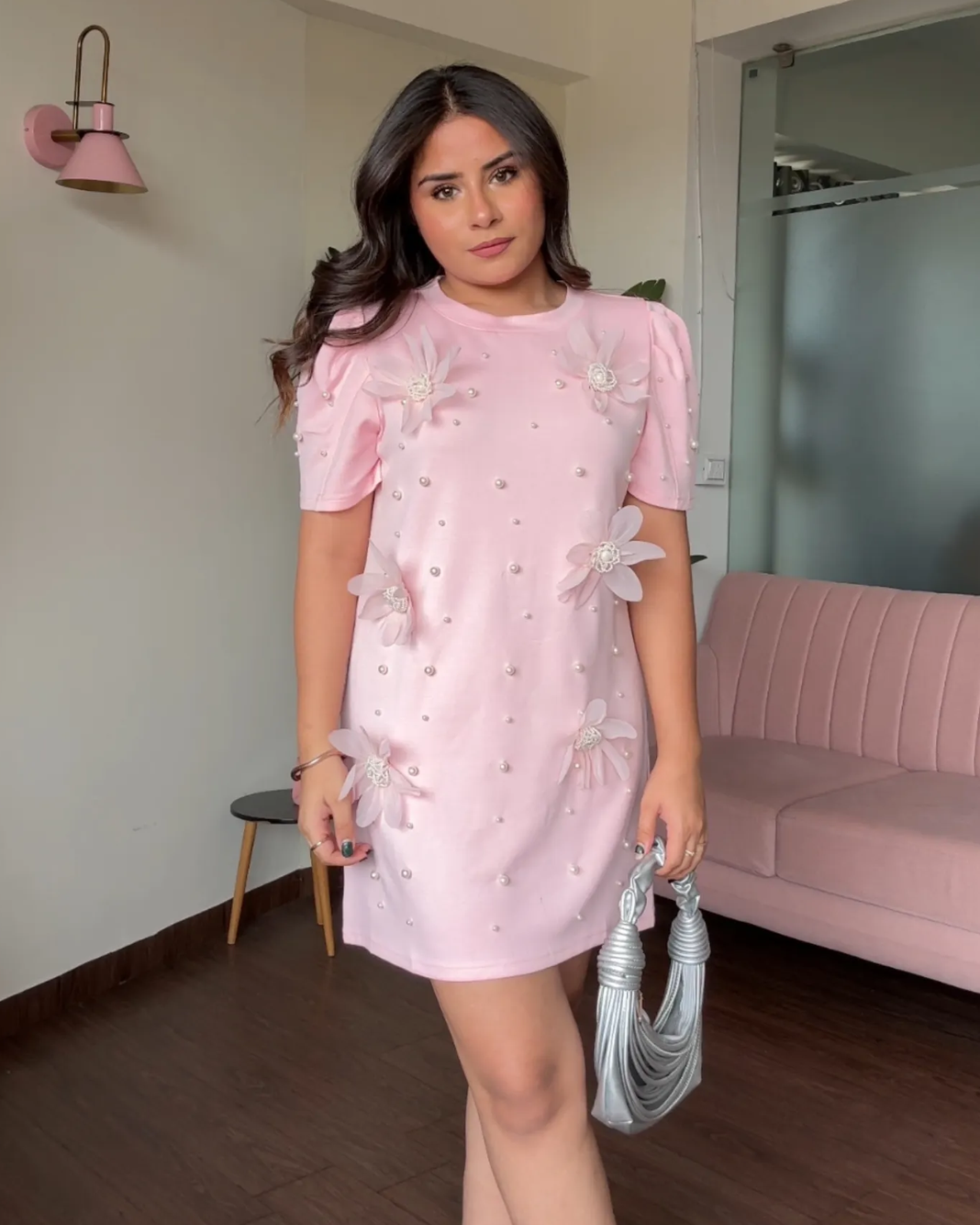 Flower And Pearl Stuffed Puff Sleeve T-Shirt Dress