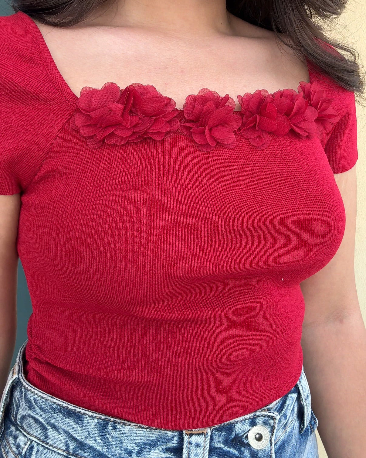 Flower Detailing Square Neck Summer Top