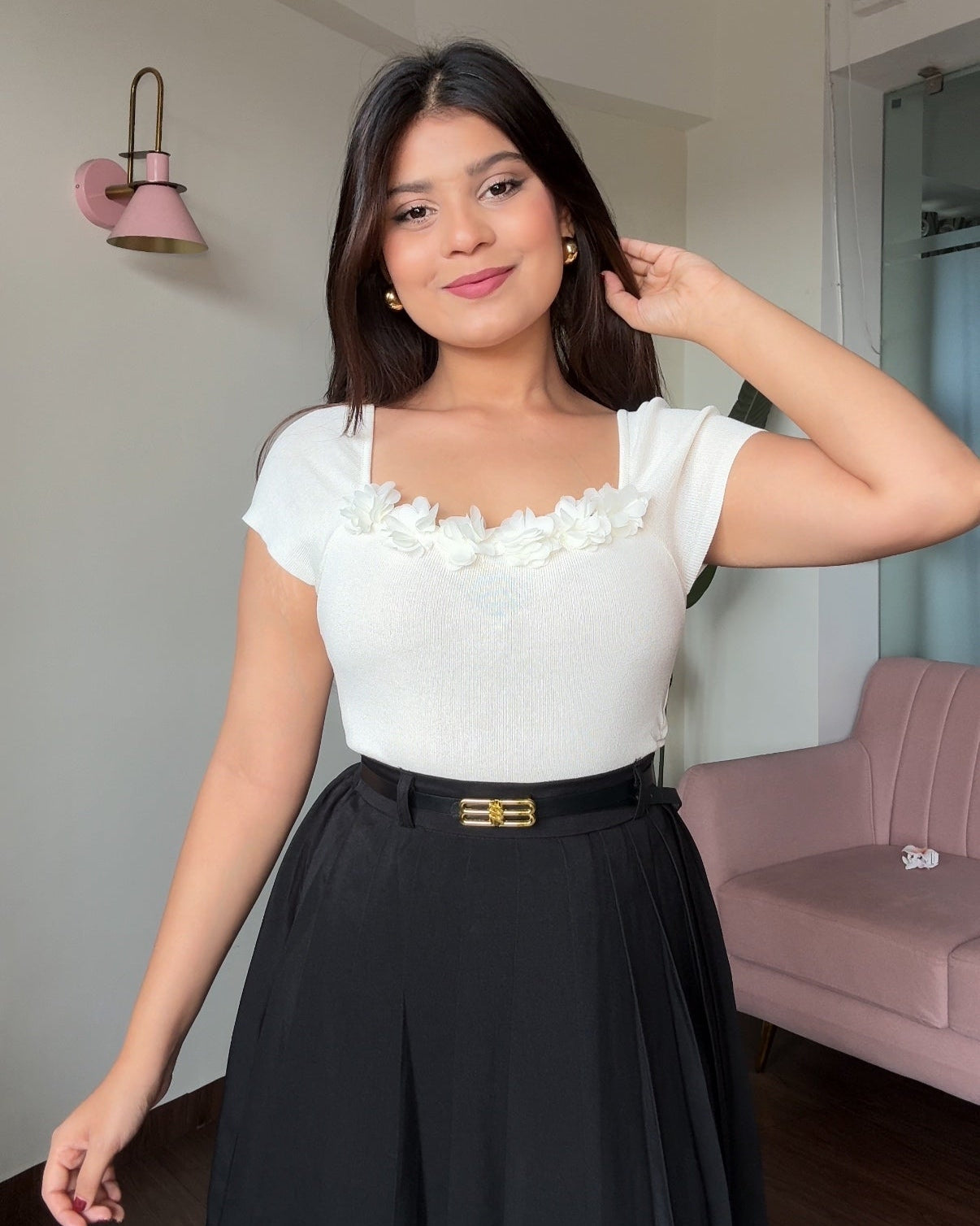 Flower Detailing Square Neck Summer Top