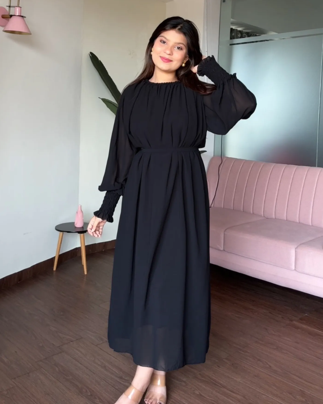 Free Size Flared Midi Dress With Belt