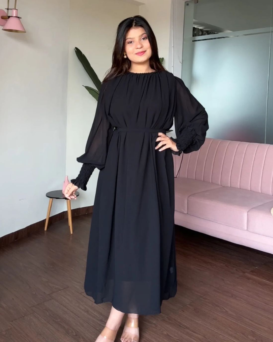 Free Size Flared Midi Dress With Belt