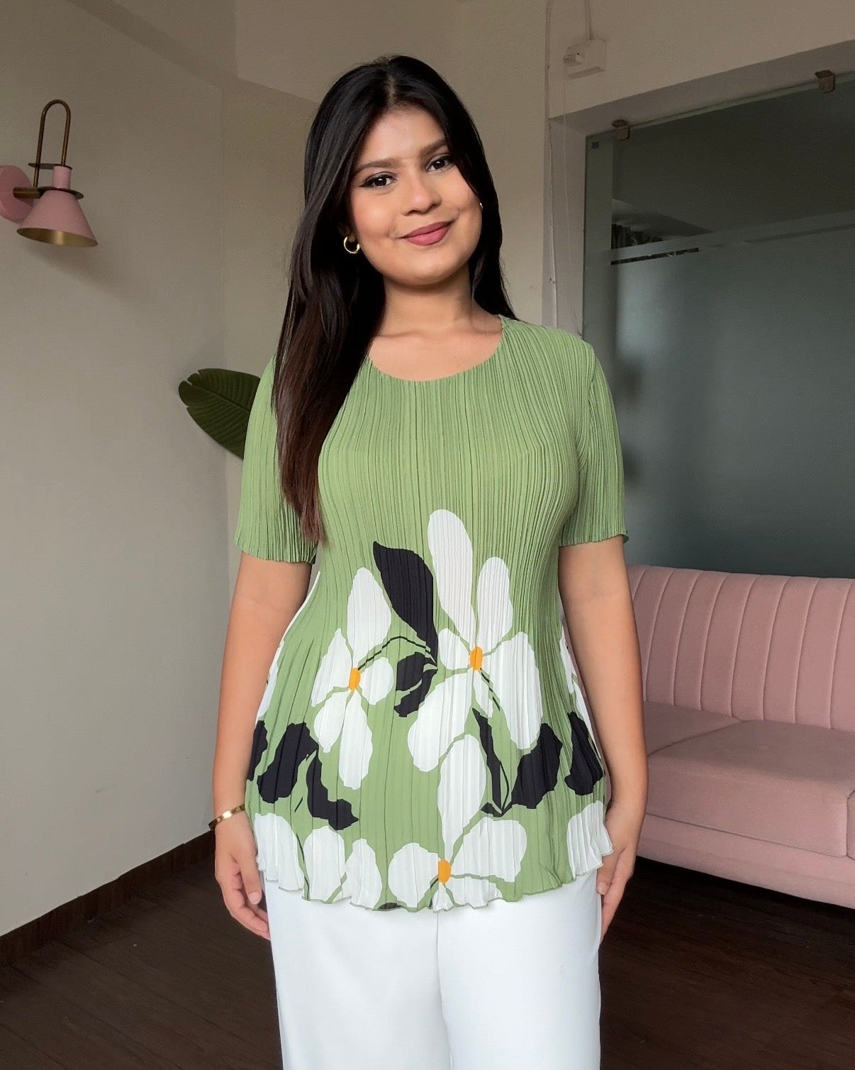 Free Size Pleated Fabric Peplum Top With Floral Detailing