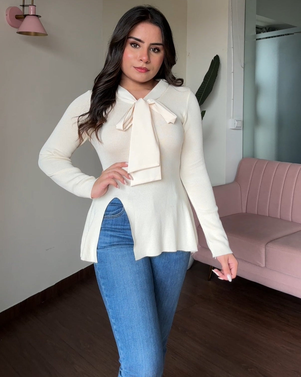 Full Sleeve Korean Knot Detailing Top With Slit